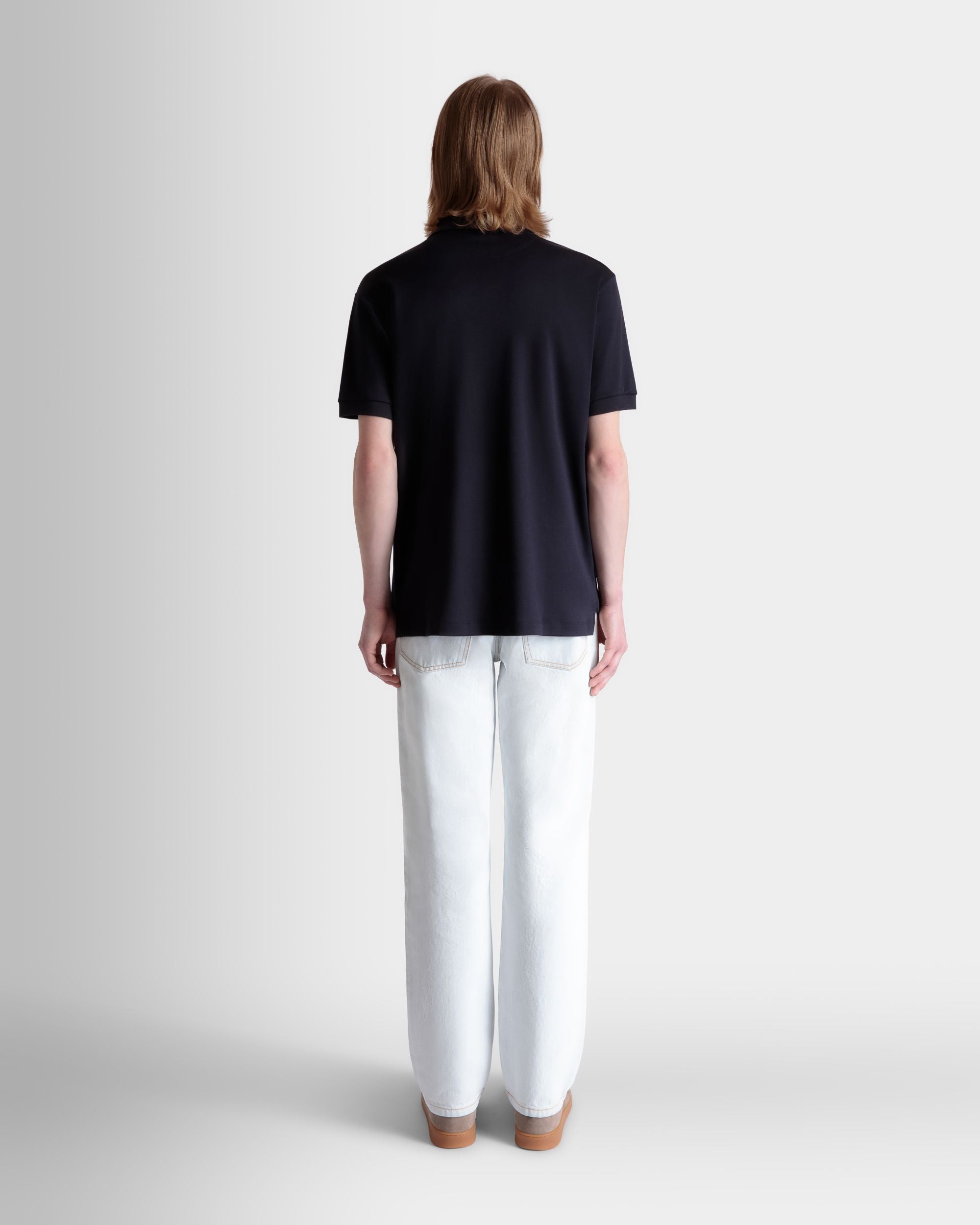 Bally Global - Short Sleeve Polo With a Bally Crest Logo in a Navy Blue Cotton Silk Blend - Azul