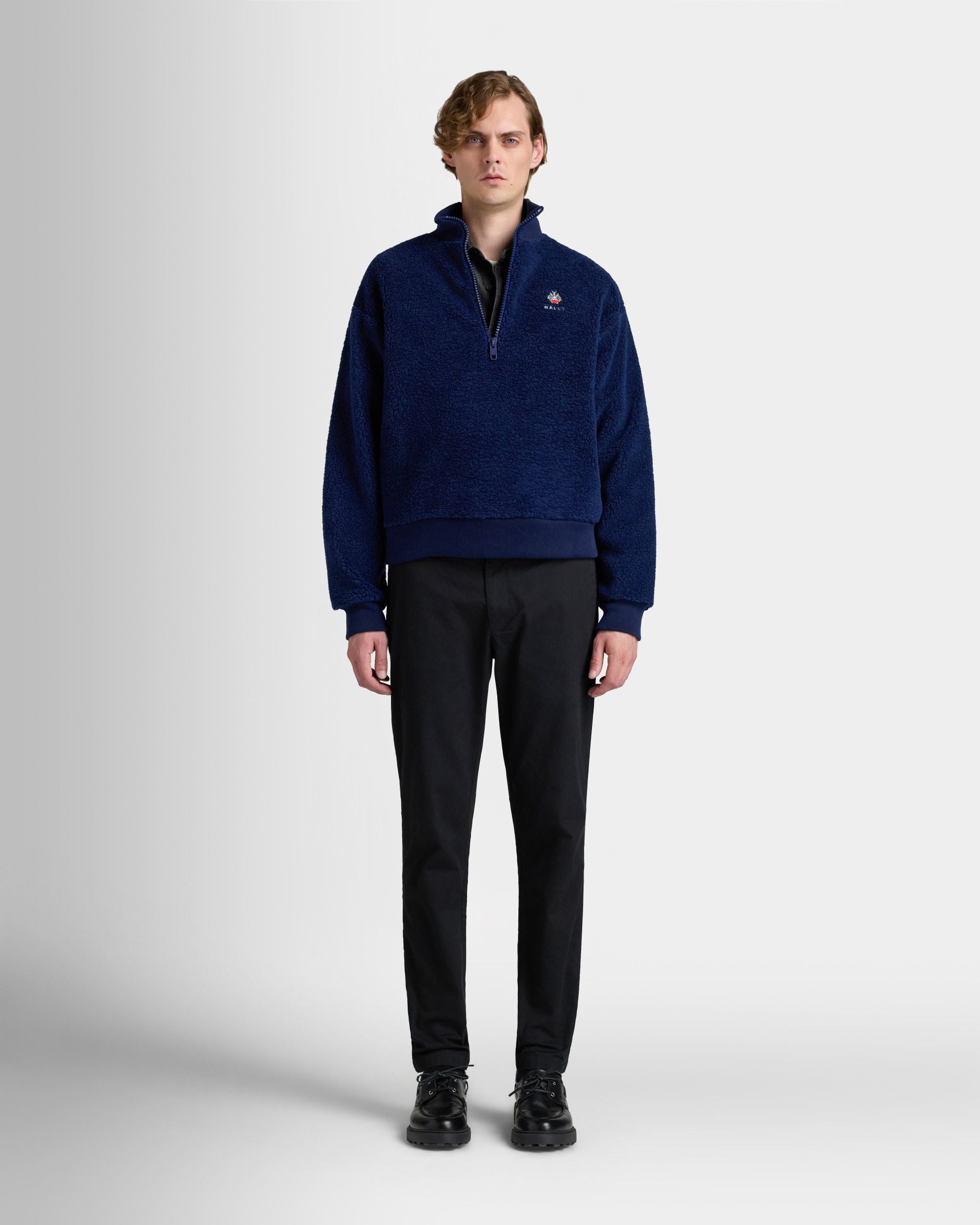 Bally Global - Half Zip Sweatshirt With a Bally Crest in Navy Blue Fleece - Blue