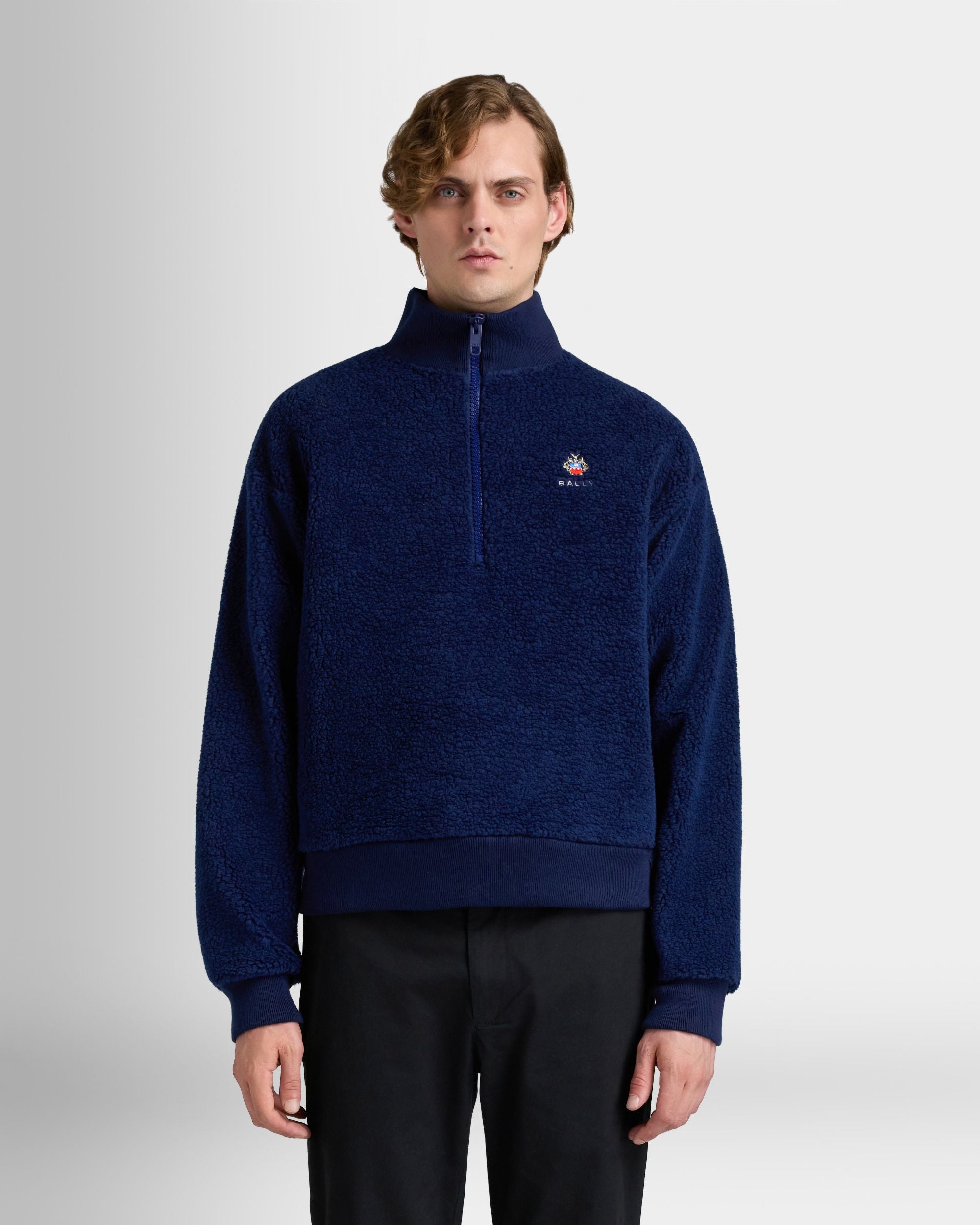 Bally Global - Half Zip Sweatshirt With a Bally Crest in Navy Blue Fleece - Blue