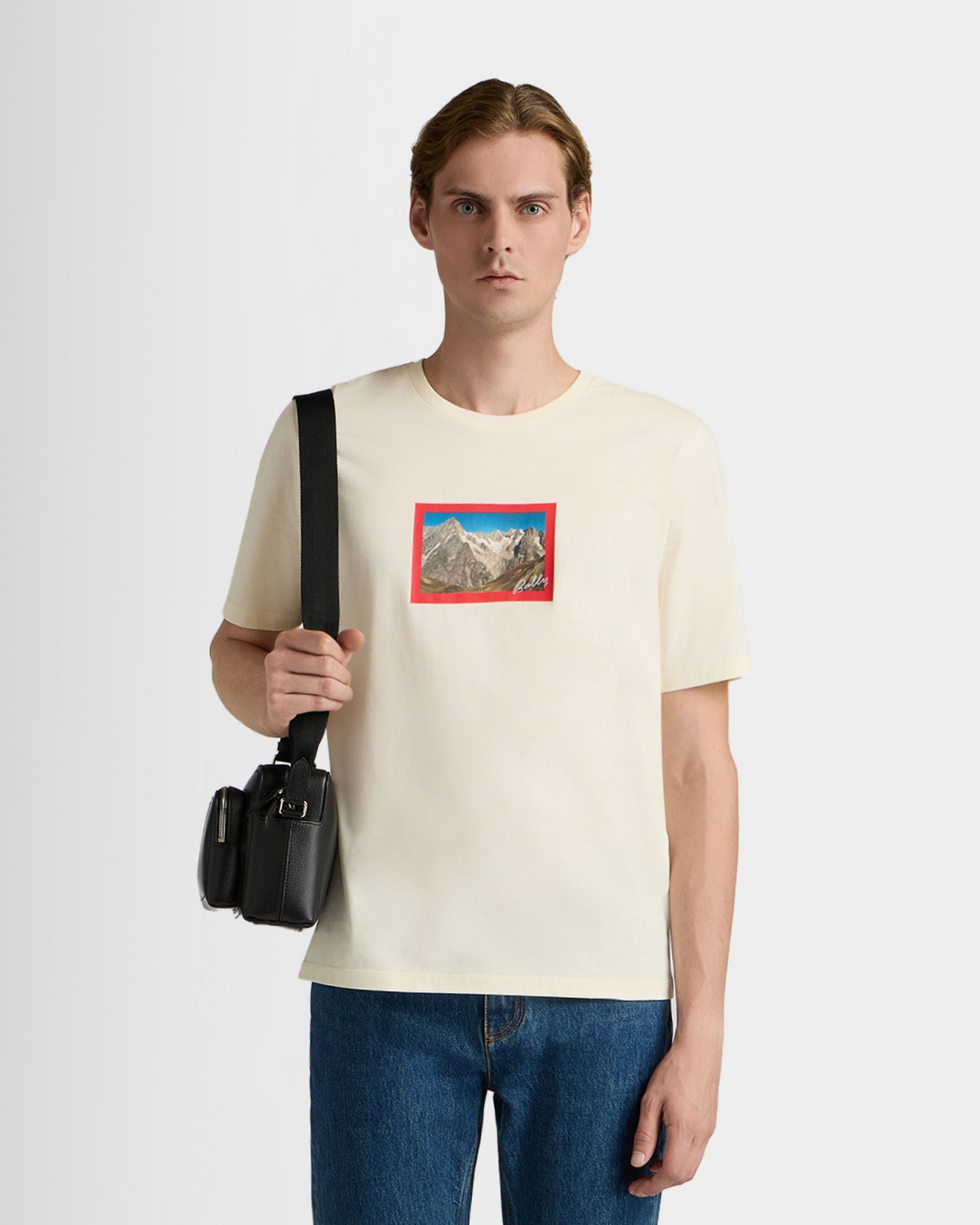 Bally Global - T-Shirt in Ivory Cotton With a Vintage Postcard Print - White