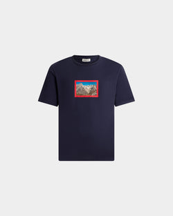 T-Shirt in Navy Blue Cotton With a Vintage Postcard Print