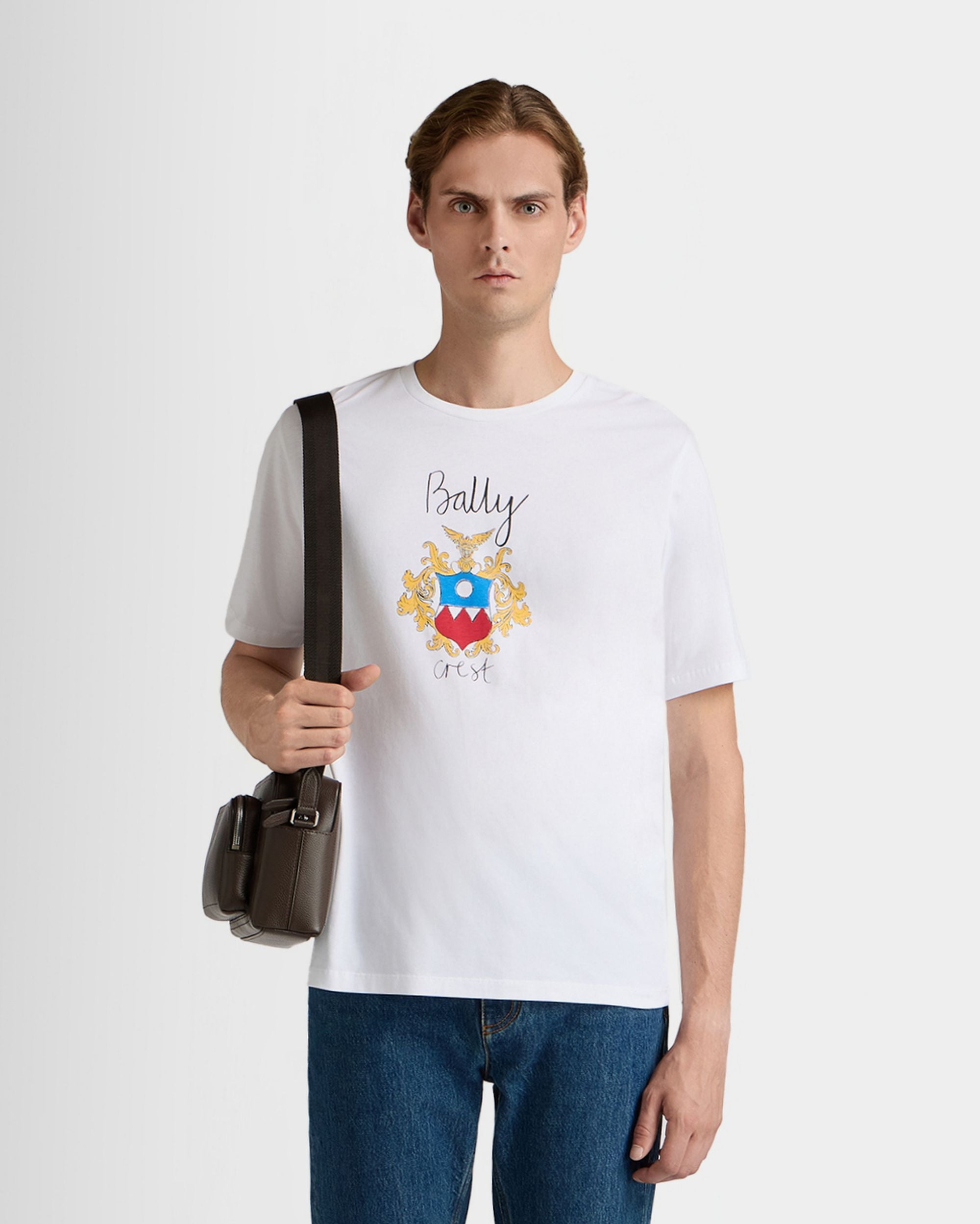 Bally Global - T-Shirt in White Cotton with a Bally Crest - White