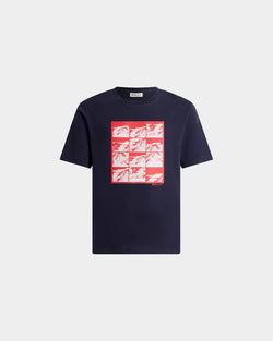T-Shirt in Navy Blue Cotton With Mountain Graphics