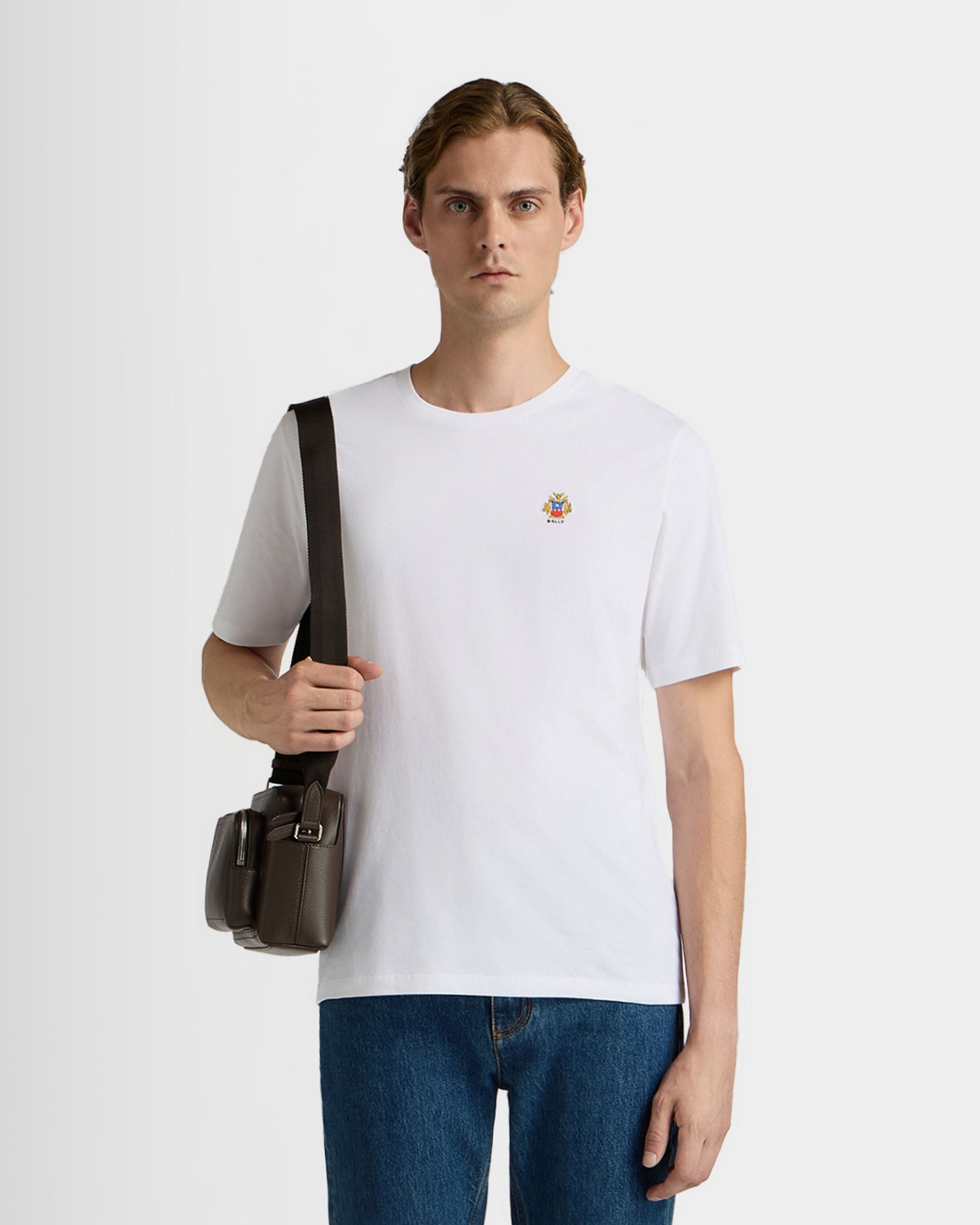 Bally Global - T-Shirt in White Cotton with a Bally Crest - White