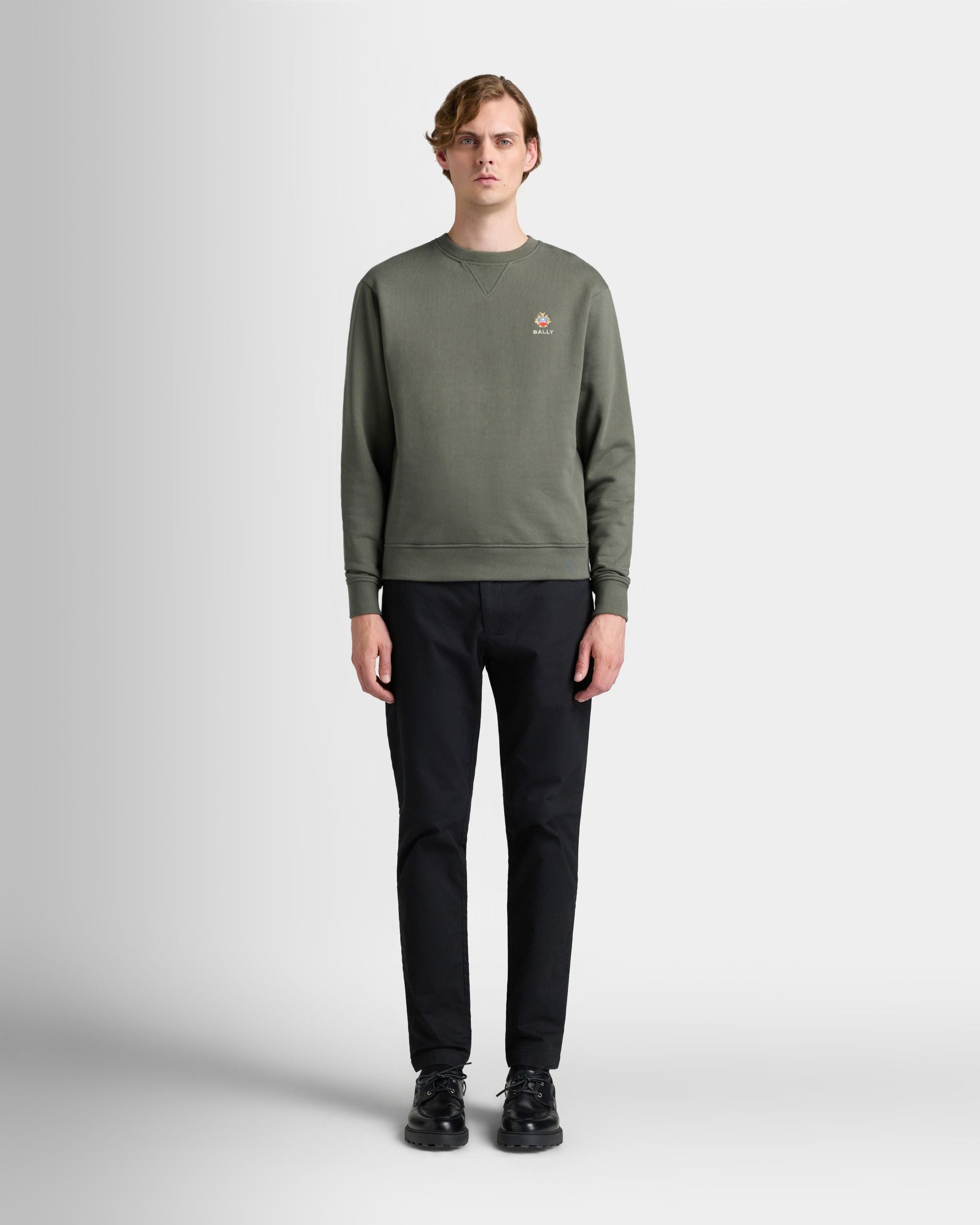 Bally Global - Crewneck Sweatshirt in Military Green Cotton With a Bally Crest - Green