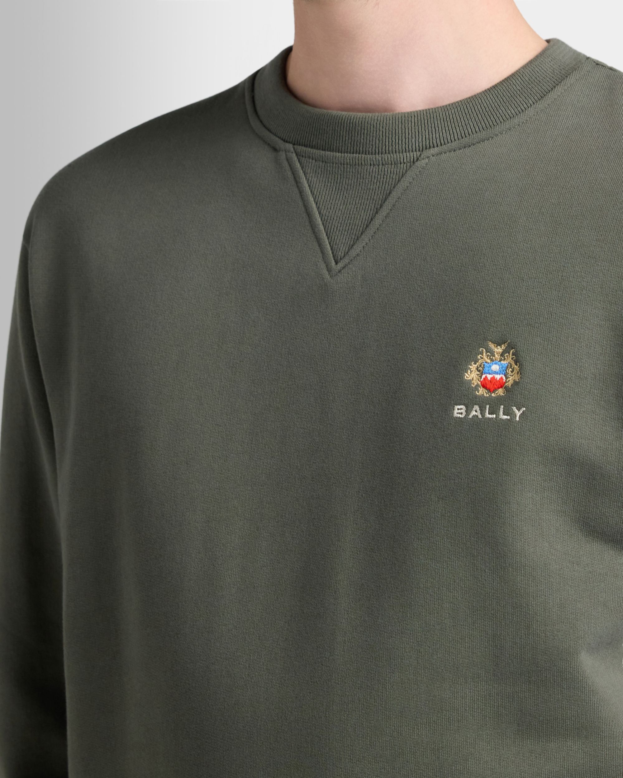 Bally Global - Crewneck Sweatshirt in Military Green Cotton With a Bally Crest - Green
