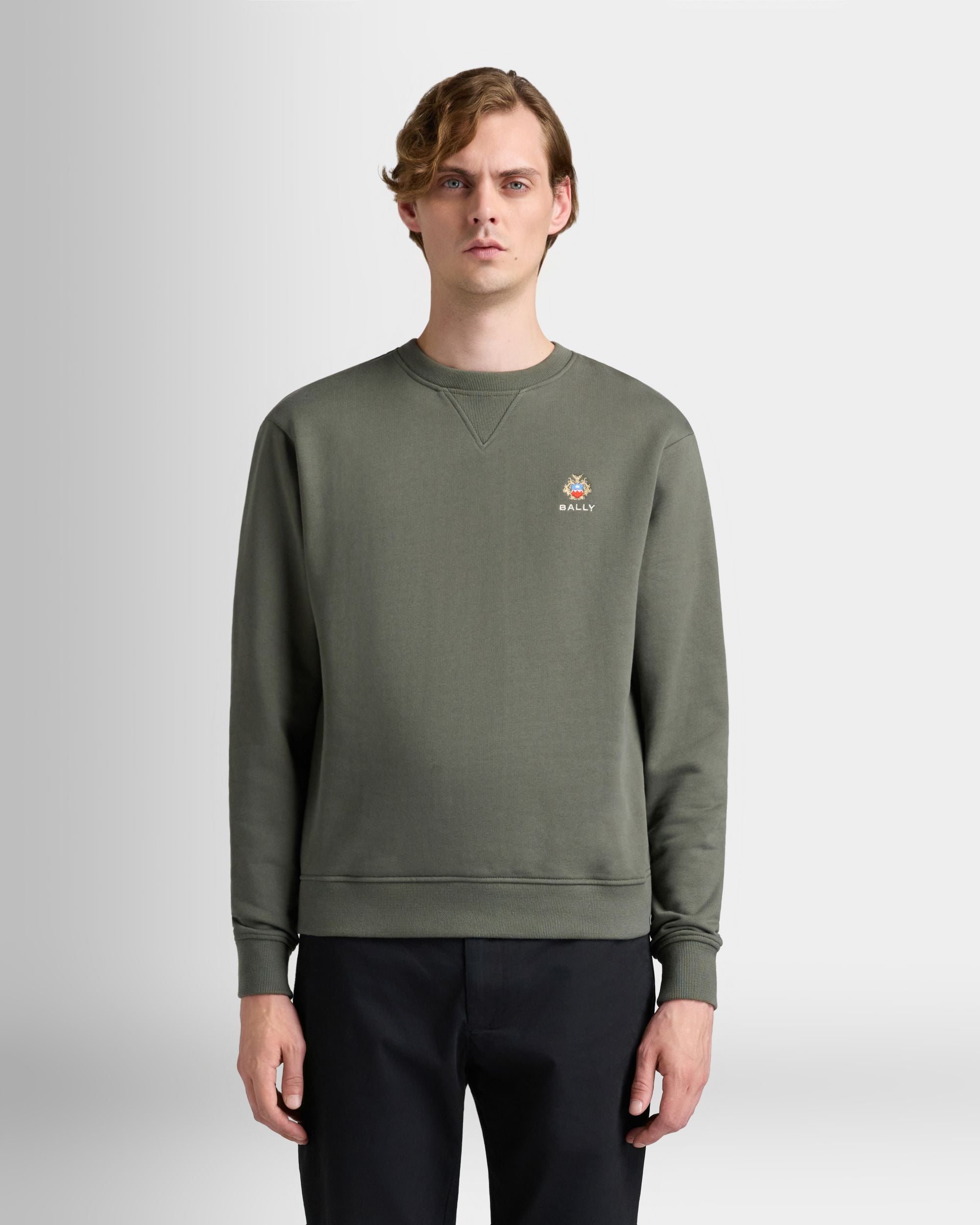 Bally Global - Crewneck Sweatshirt in Military Green Cotton With a Bally Crest - Green