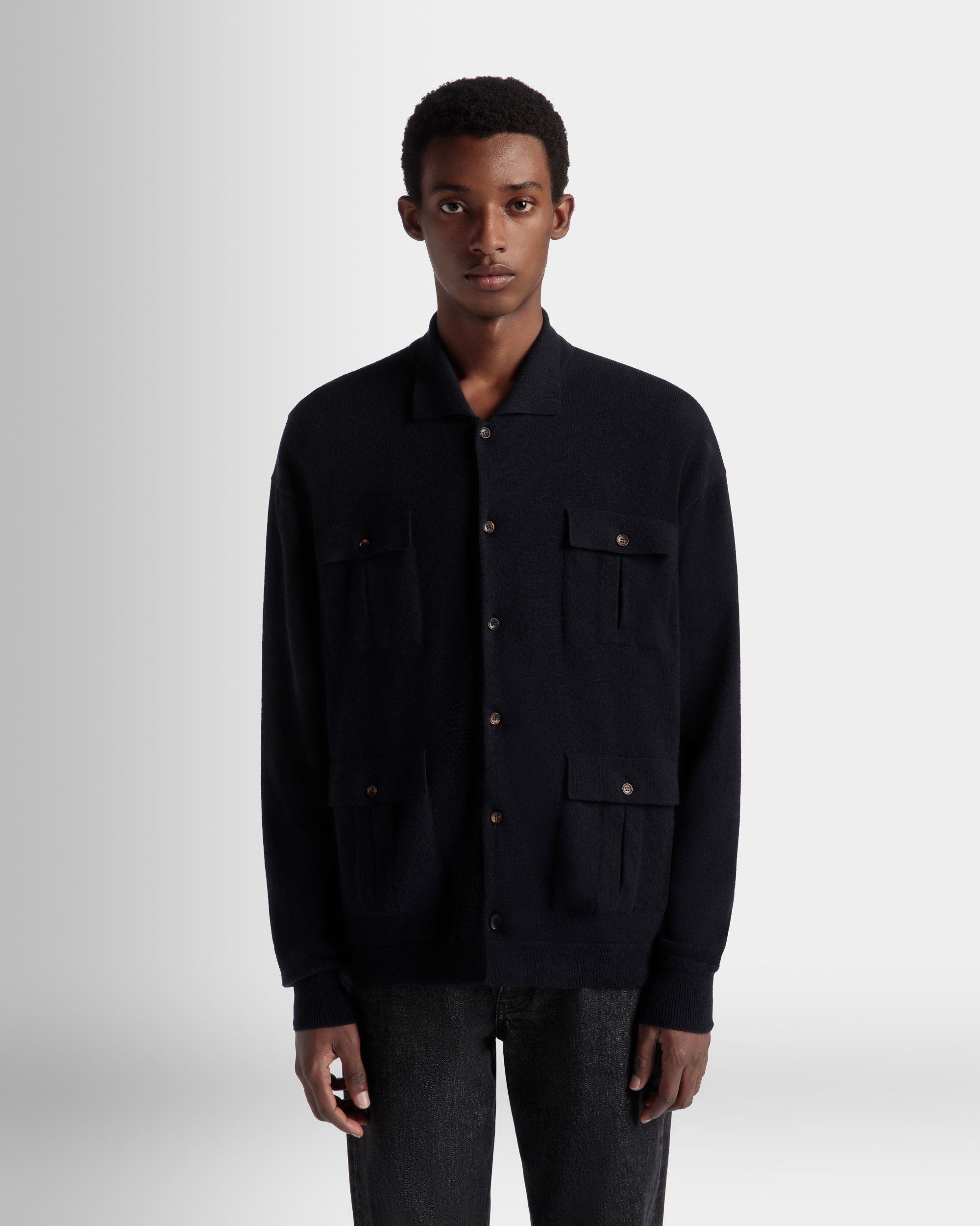 Bally Global - Long Sleeve Shirt With Logo In Navy Blue Cashmere - Blue