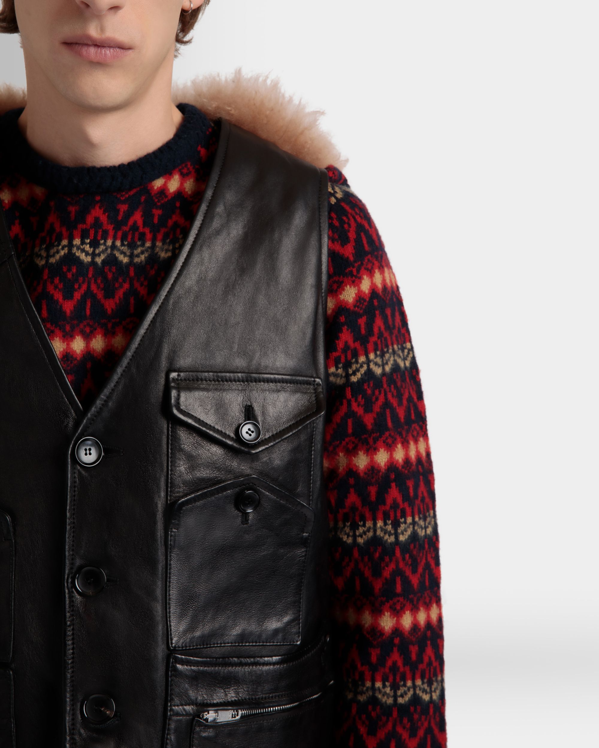Bally Global - Vest With Shearling Insert In Black Leather - Black
