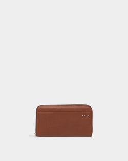 Bally Essential Zip Around Wallet in Amber Brown Grained Leather