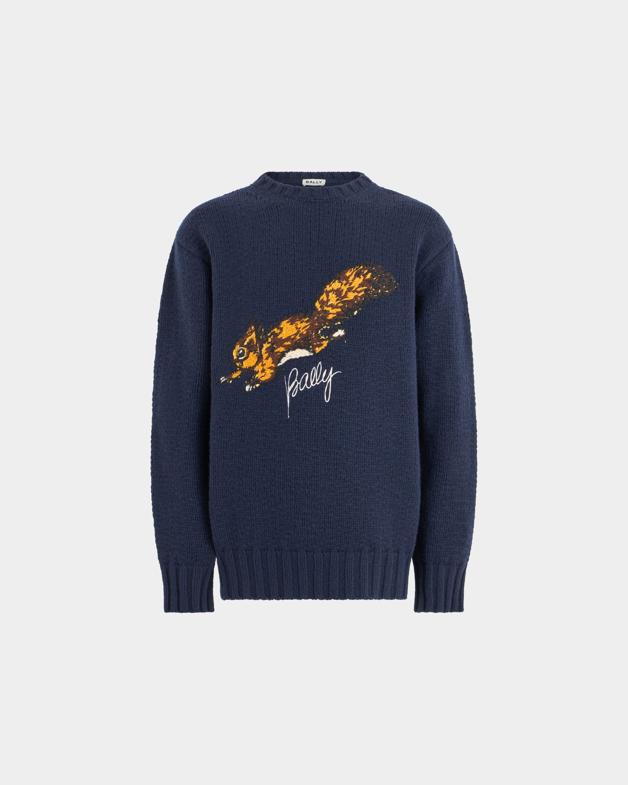 Bally Global - Weihnachtspullover mit Rundhalsausschnitt aus marineblauer Wolle mit Bally-Logo und Eichhörnchen - Blue