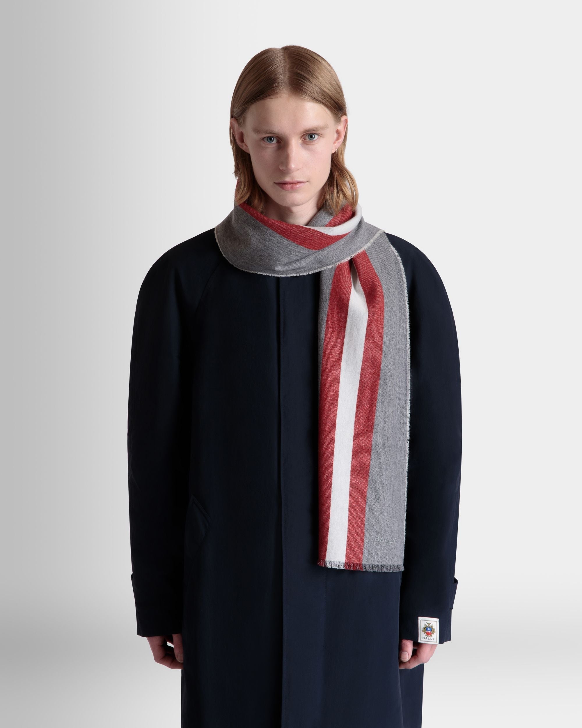 Bally Global - Scarf With a Bally Ribbon in Dark Grey Wool - Grey