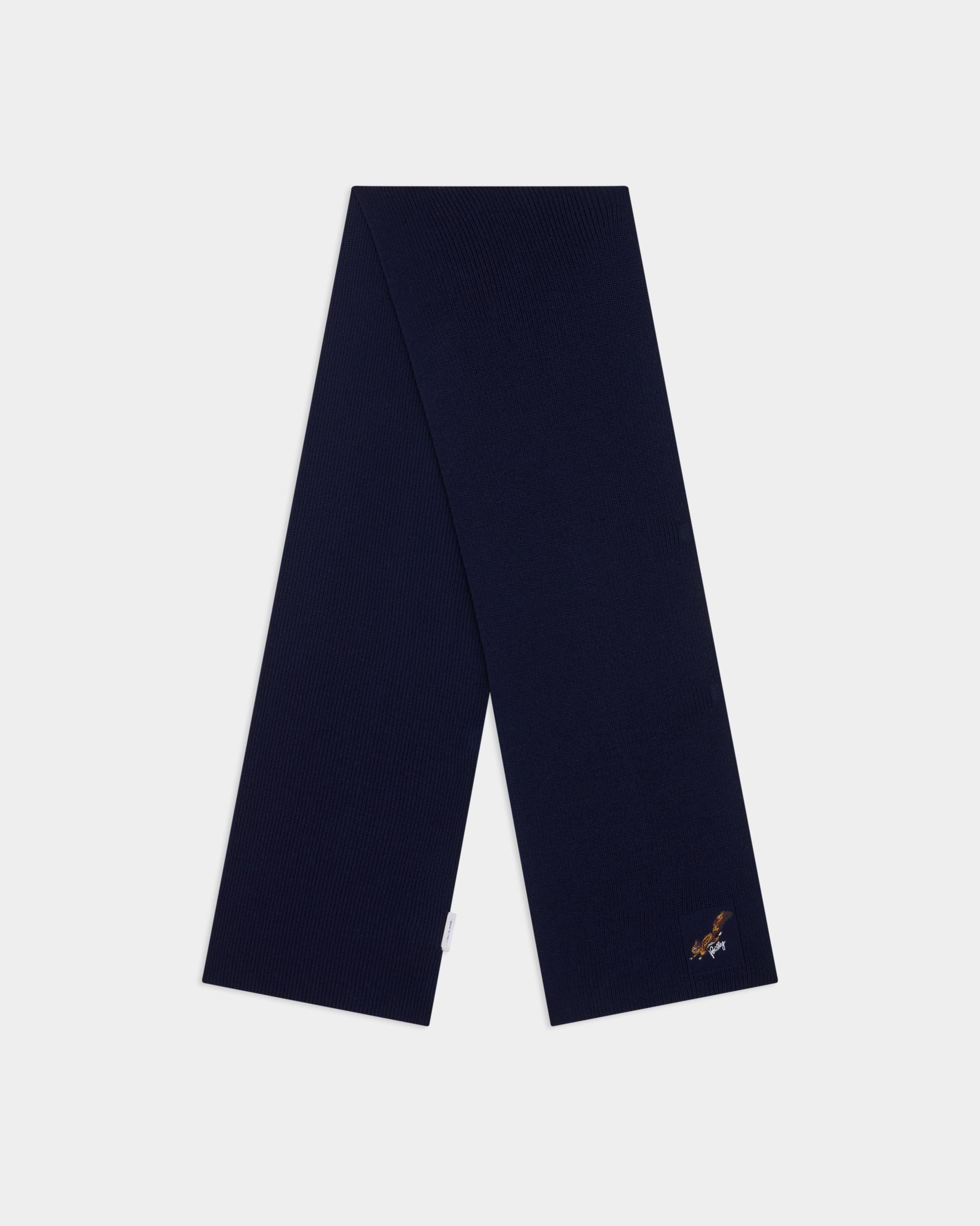 Bally Global - Écharpe de Noël en laine bleu marine avec logo Bally et écureuil - Bleu