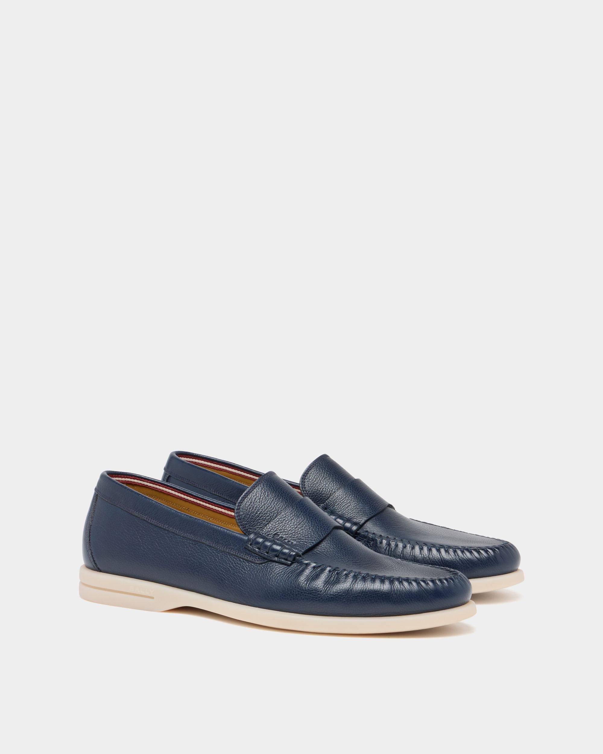Bally Global - Switz Moc Loafer in Navy Blue Grained Leather - Blue
