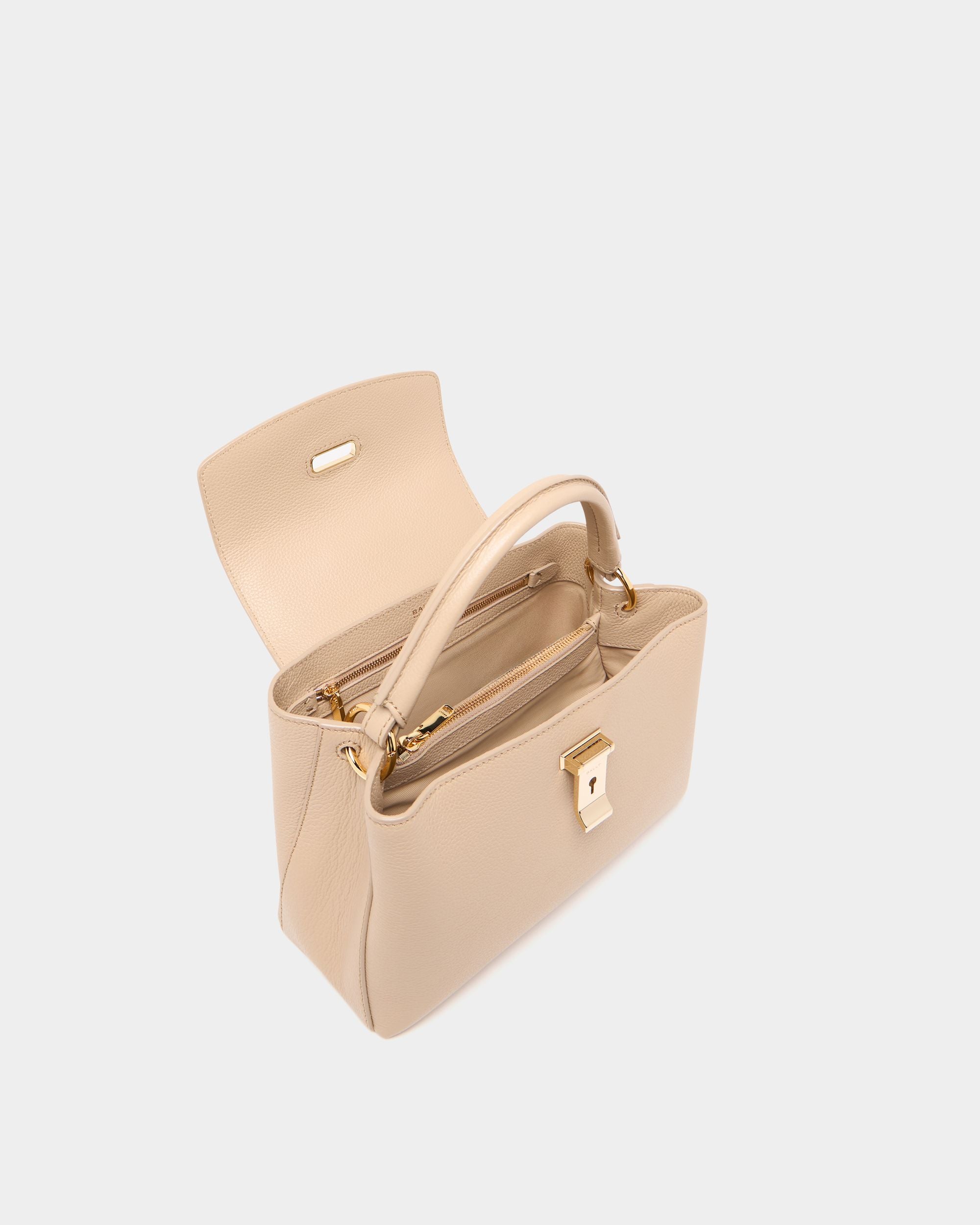 Bally Global - Lock Me Small Top Handle Bag In Light Beige Grained Leather - Beige