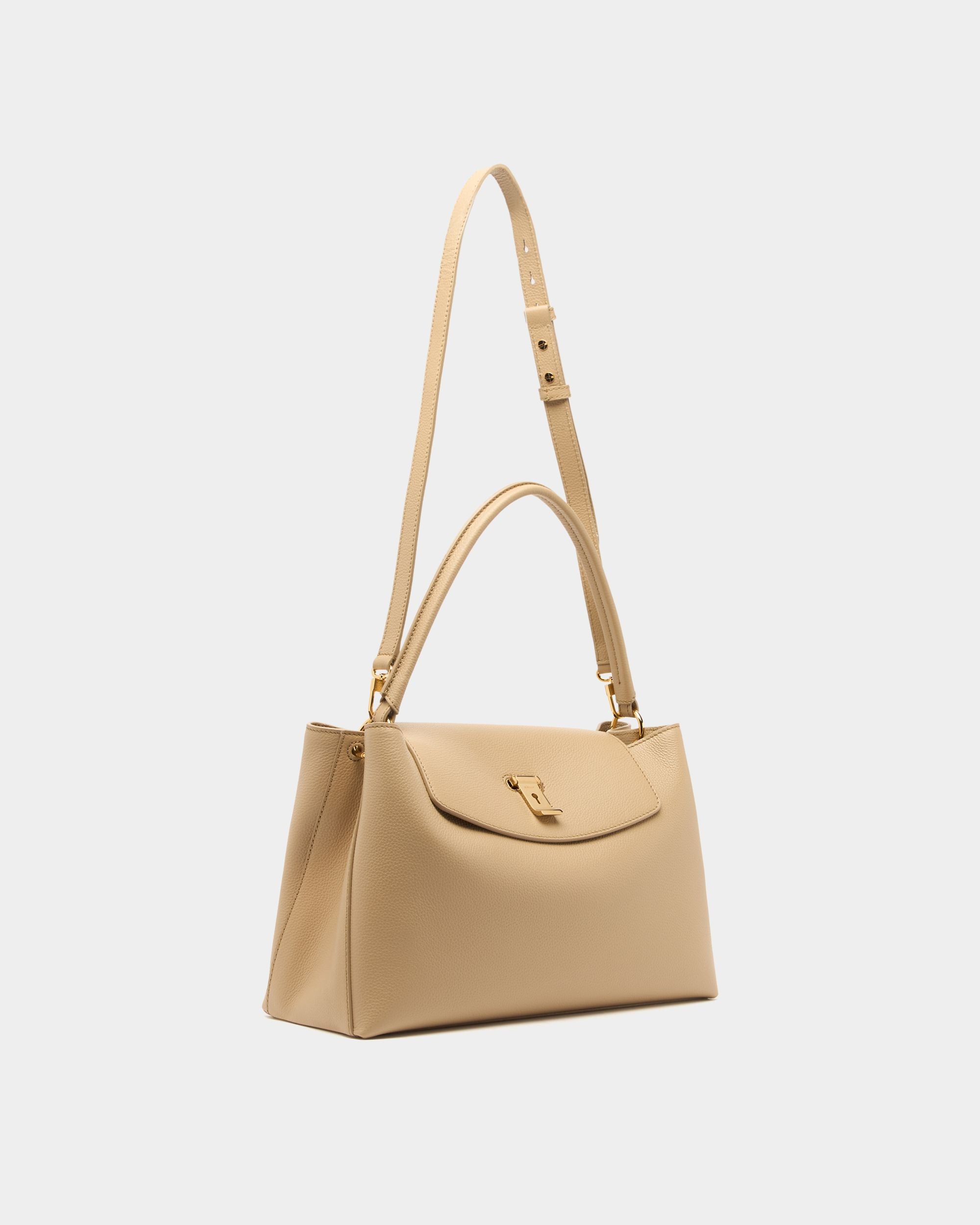 Bally Global - Lock Me Top Handle Bag in Light Beige Grained Leather - Beige