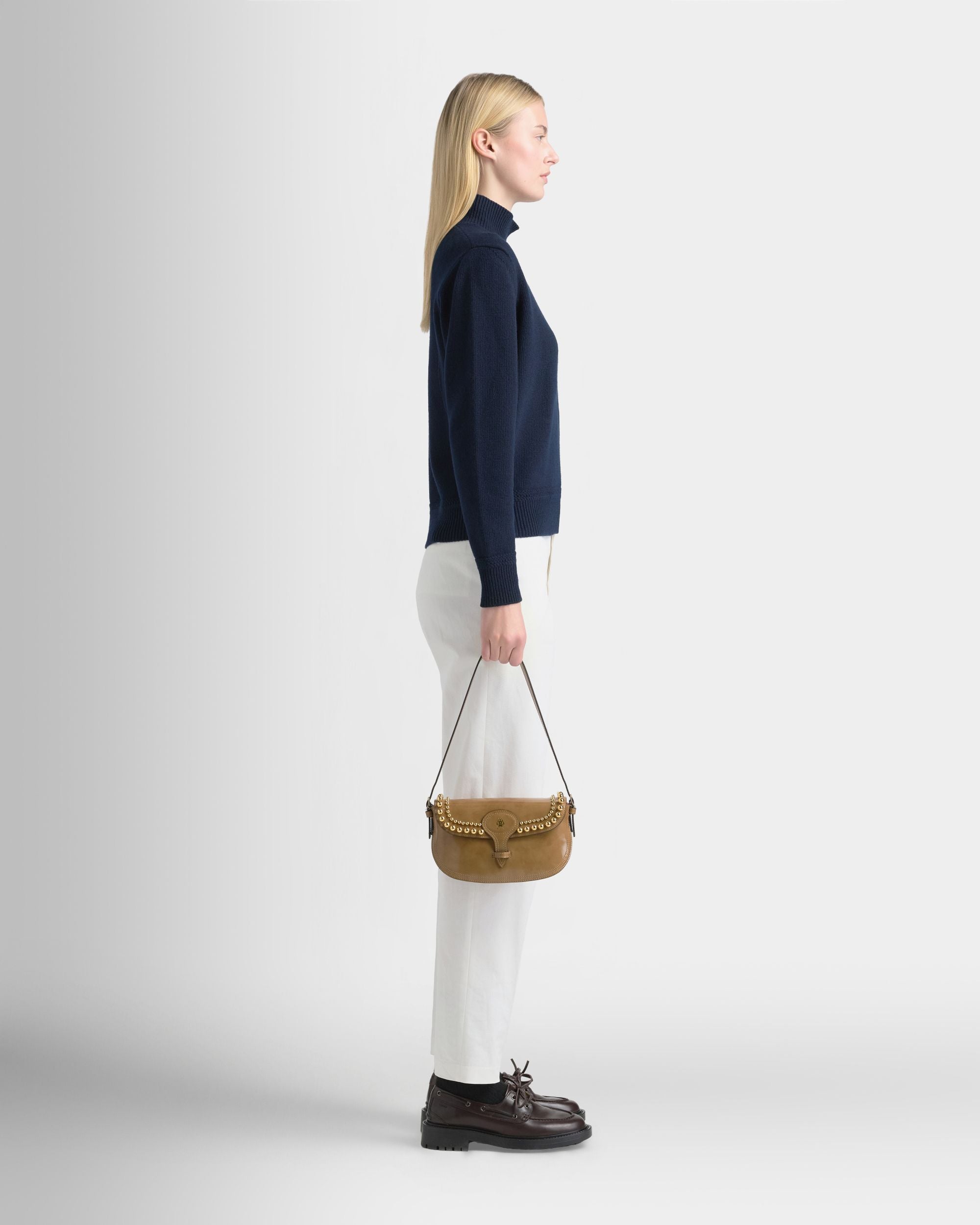 Bally Global - Beckett Small Shoulder Bag in Beige Brushed Leather With Studs - Beige