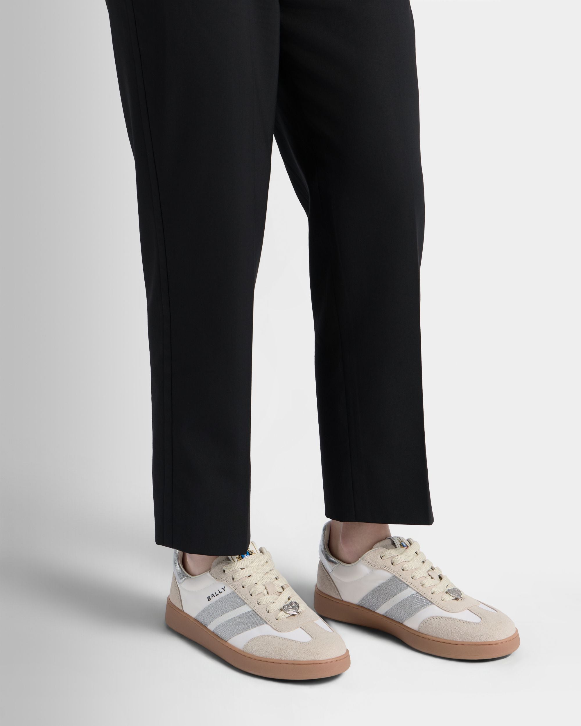 Bally Global - Retro Crest Sneaker in White and Silver Fabric and Leather - White