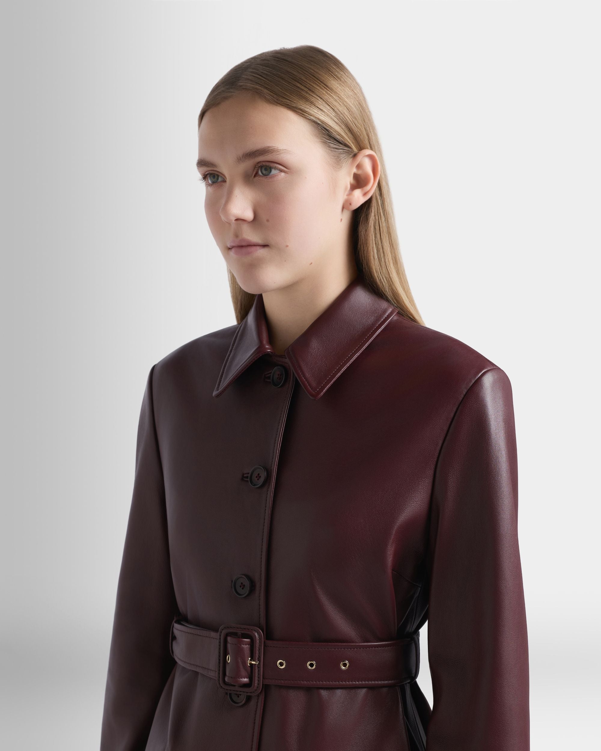 Bally Global - Belted Coat in Deep Burgundy Leather - Burgundy