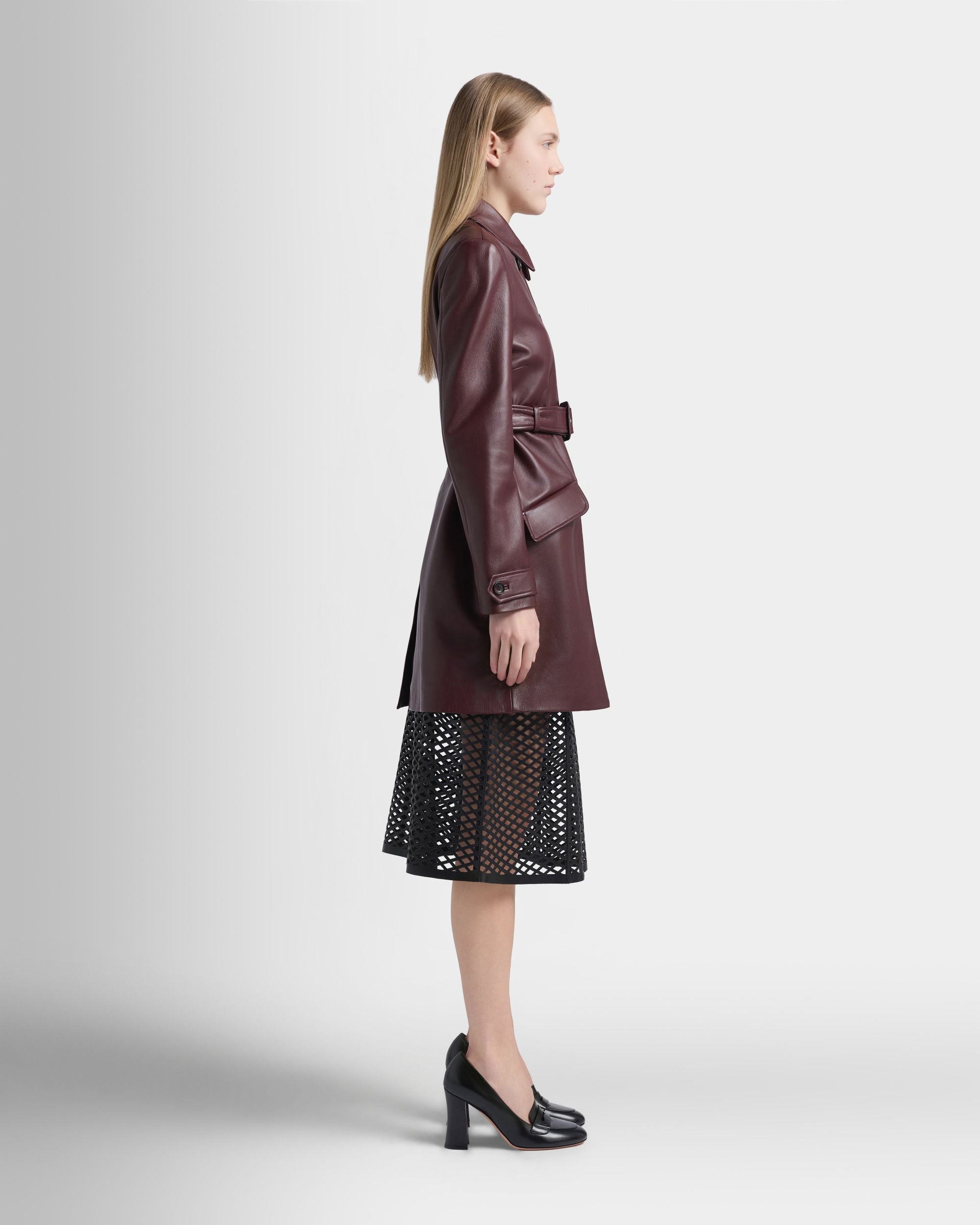 Bally Global - Belted Coat in Deep Burgundy Leather - Burgundy