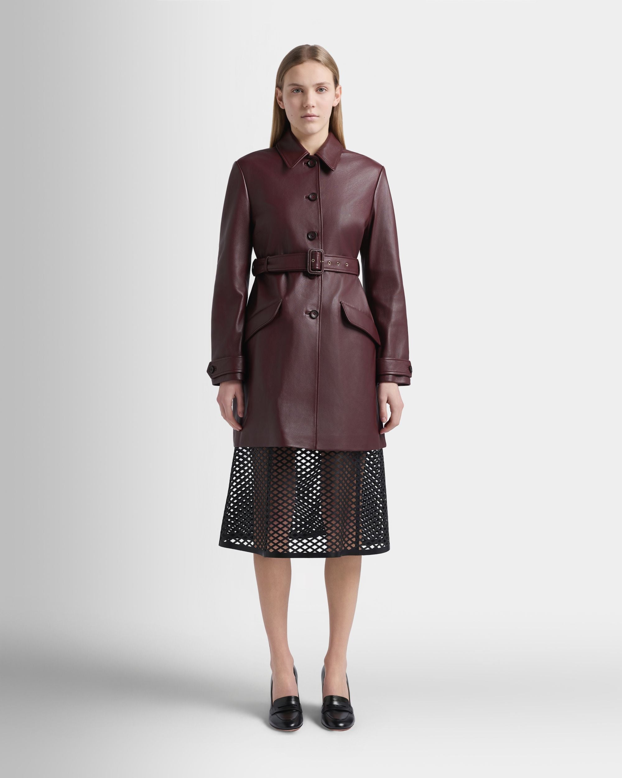 Bally Global - Belted Coat in Deep Burgundy Leather - Burgundy