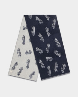Scarf with a Logo Motif in Navy Blue and White Wool
