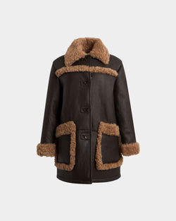 Coat in Brown Leather And Beige Shearling