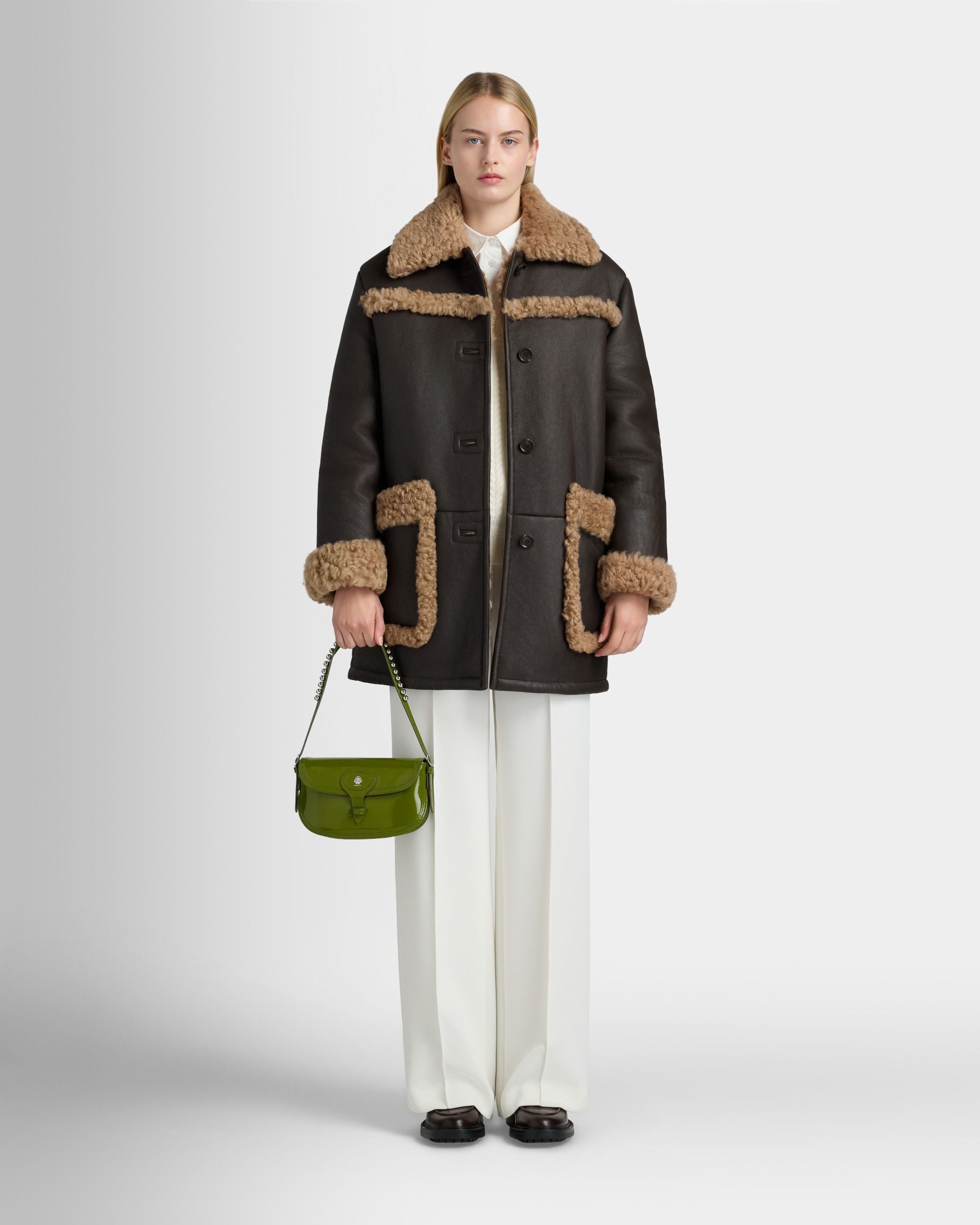 Bally Global - Coat in Brown Leather And Beige Shearling - Brown