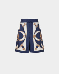 Shorts De Seda Azul Y Blanca Estampada Para Mujer