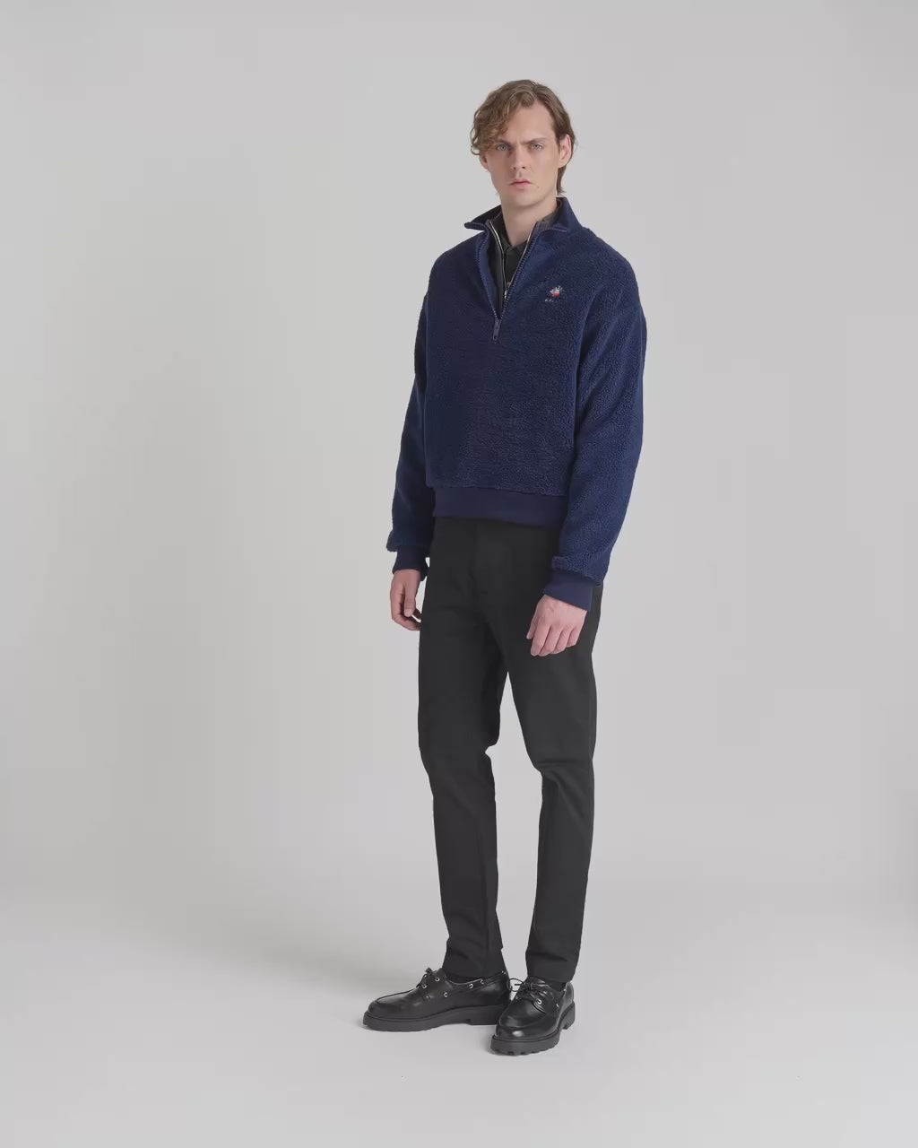 Bally Global - Half Zip Sweatshirt With a Bally Crest in Navy Blue Fleece - Blue
