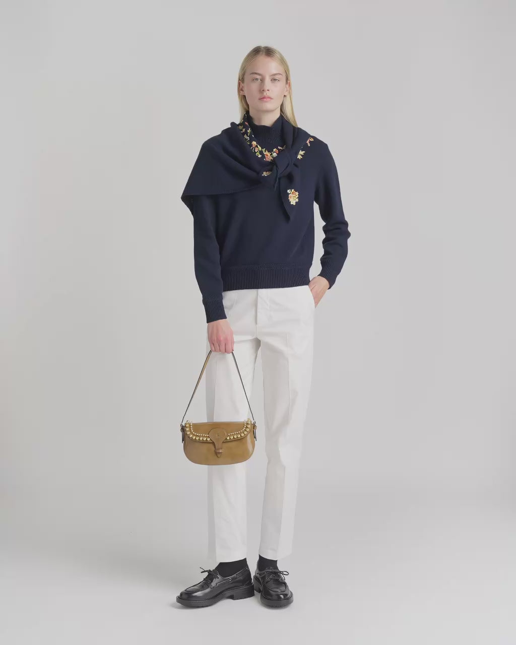 Bally Global - Beckett Small Shoulder Bag in Beige Brushed Leather With Studs - Beige