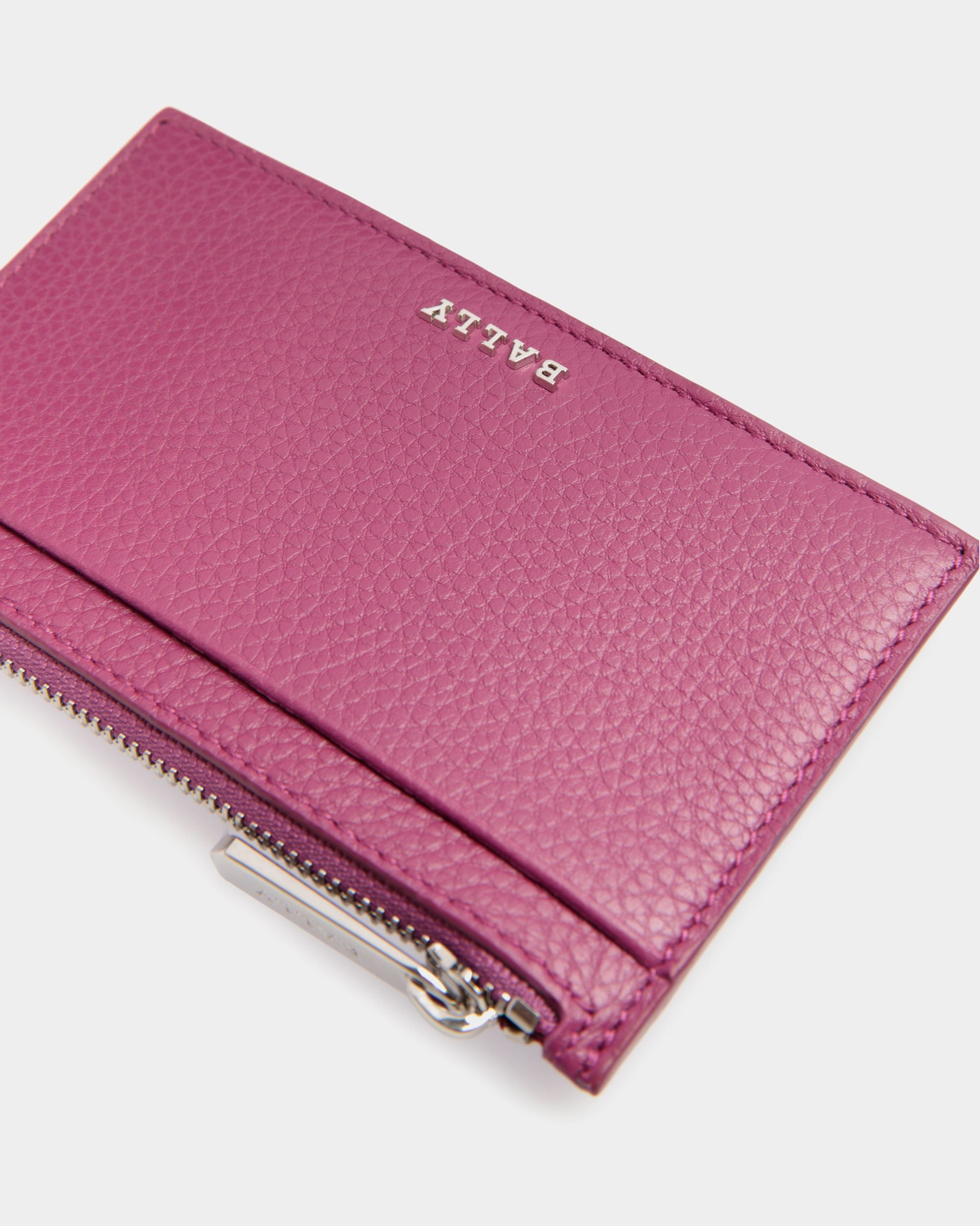 Business Card Holder in Pink Grained Leather - Women's - Bally - 04