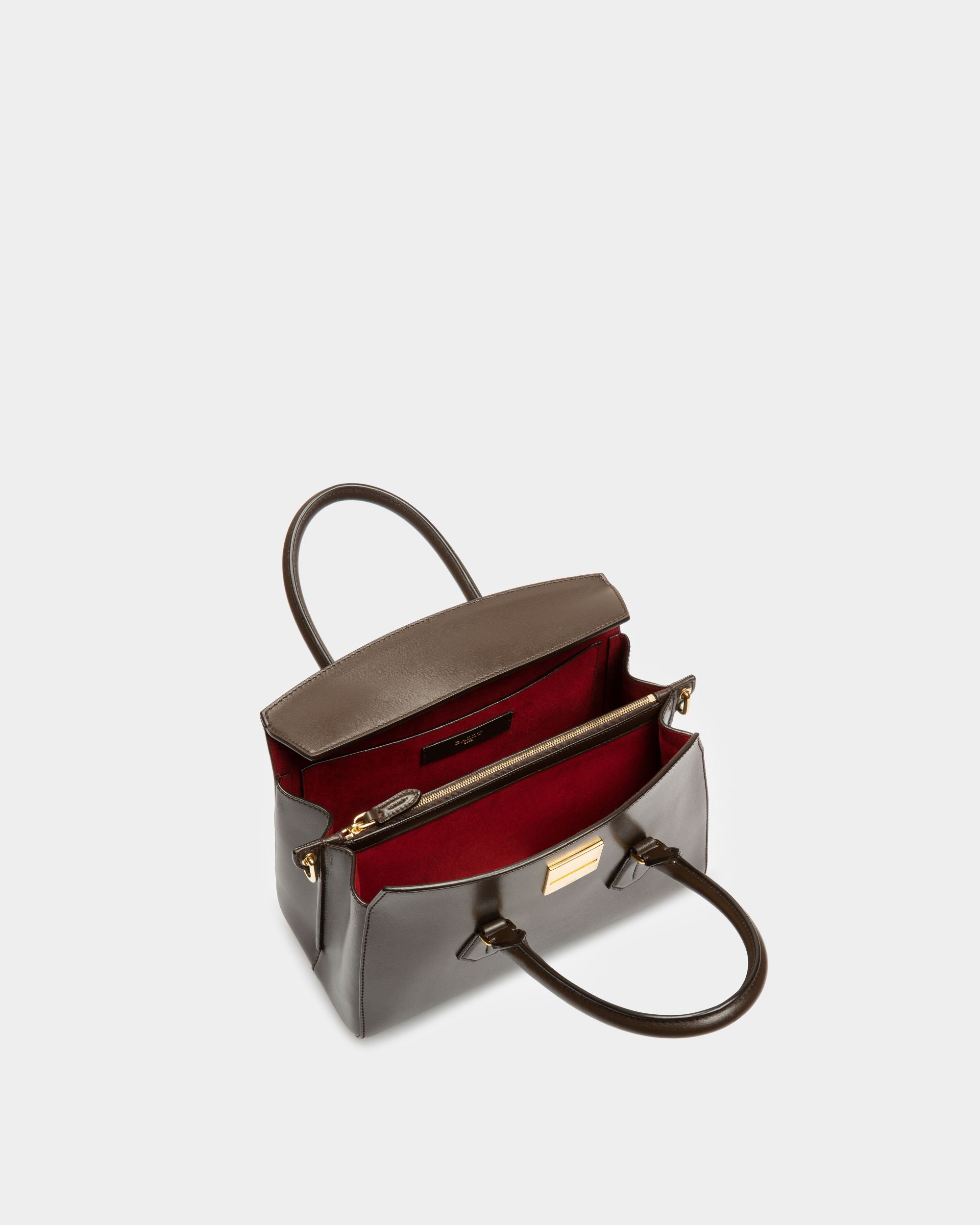 Saphyr Small Leather Top Handle Bag In Ebony Brown - Women's - Bally - 03