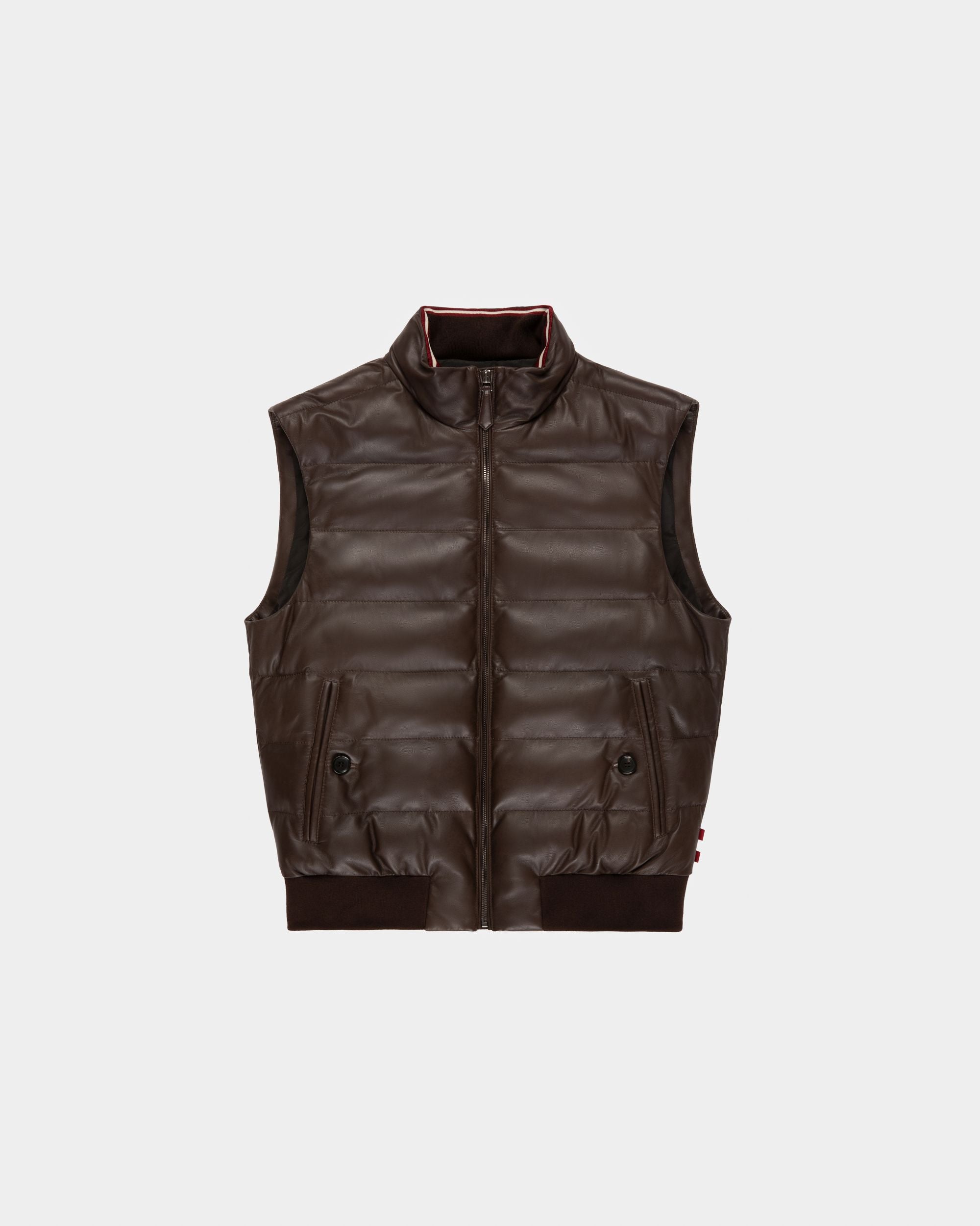 Chaleco Acolchado Cazadora En Cuero De Color Marrón Ébano - Hombre - Bally - 01