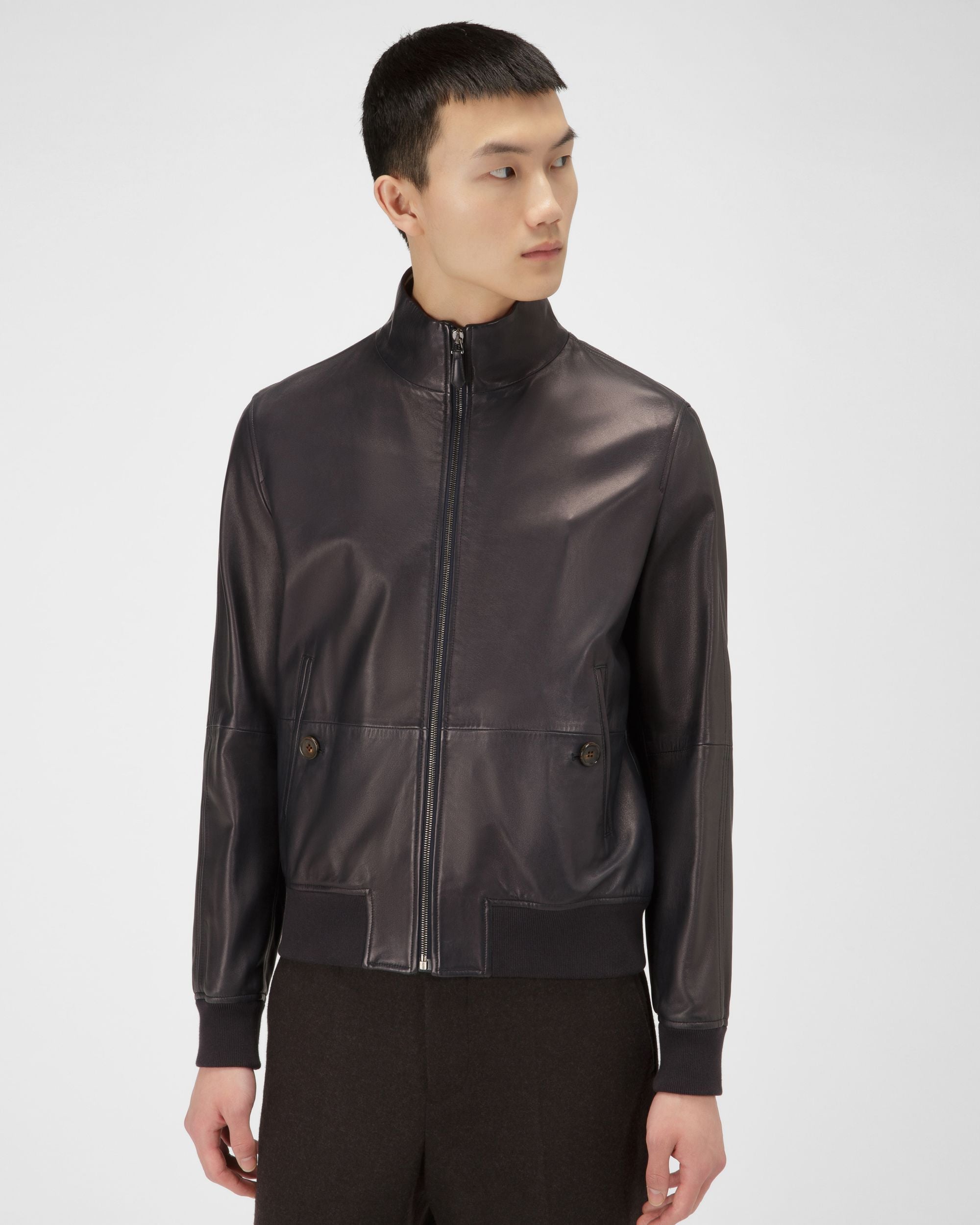 Chaqueta Bómber Prenda De Abrigo De Piel De Color Azul Marino - Hombre - Bally - 01