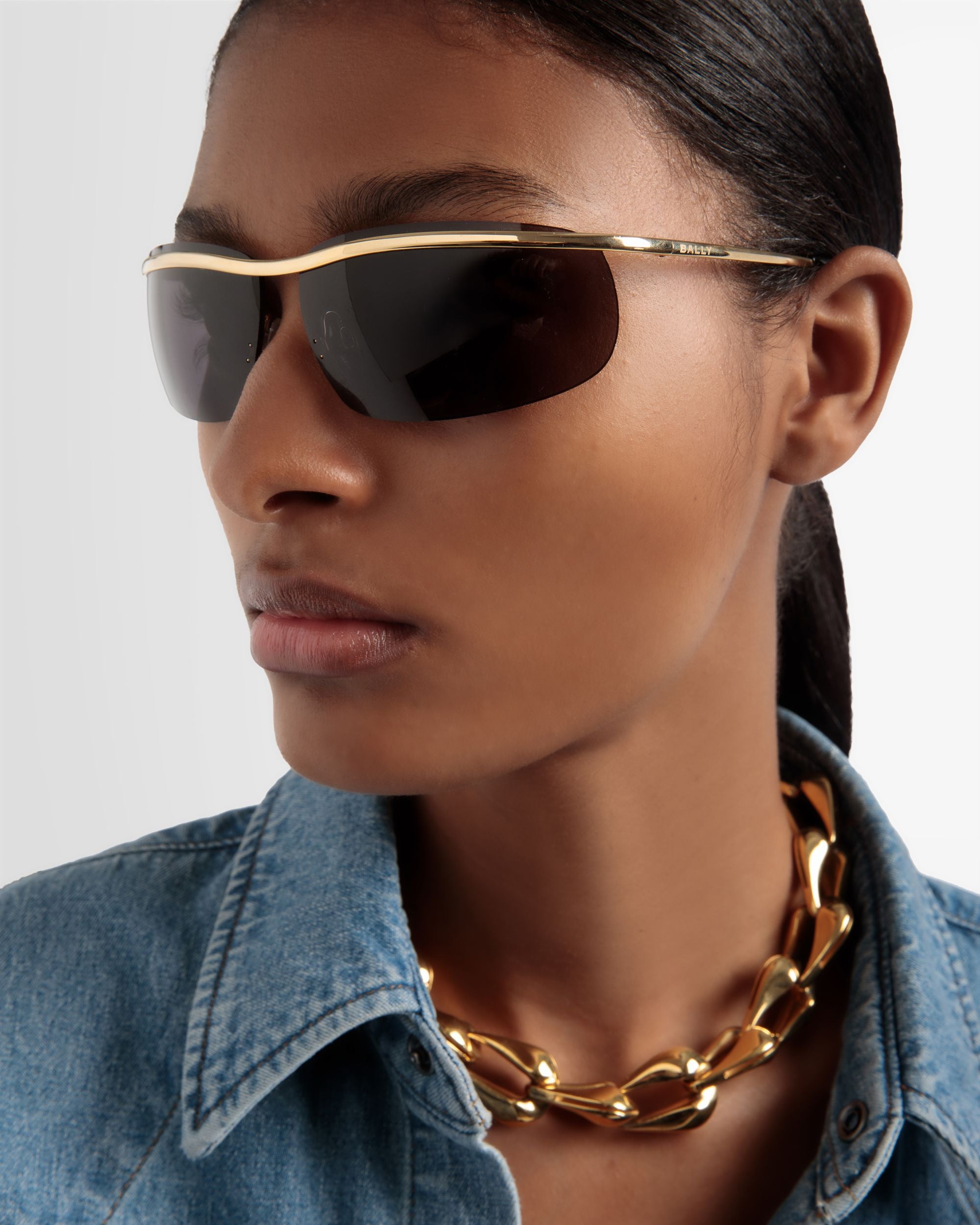 Shark Rimless Sunglasses In Shiny Gold Metal & Smoke - Other - Bally - 02