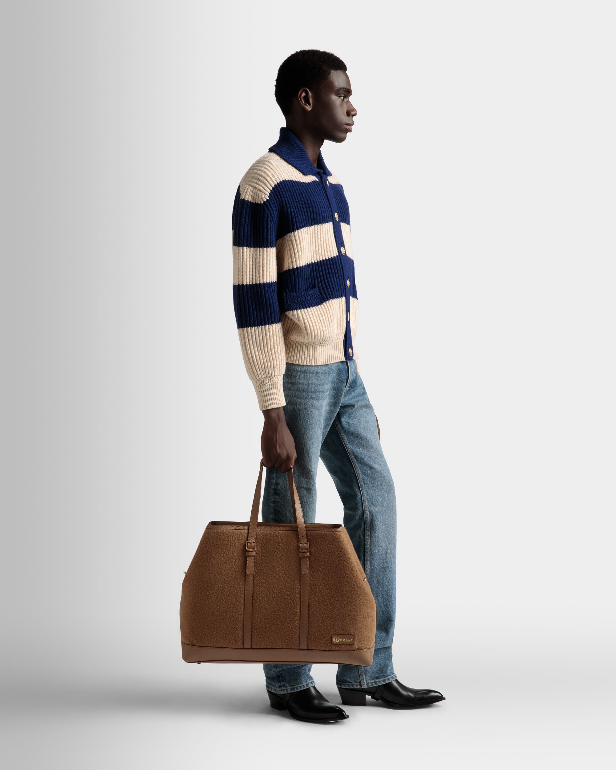 Bolso Tote Gare De Piel Y Tela Color Camello - Hombre - Bally - 02