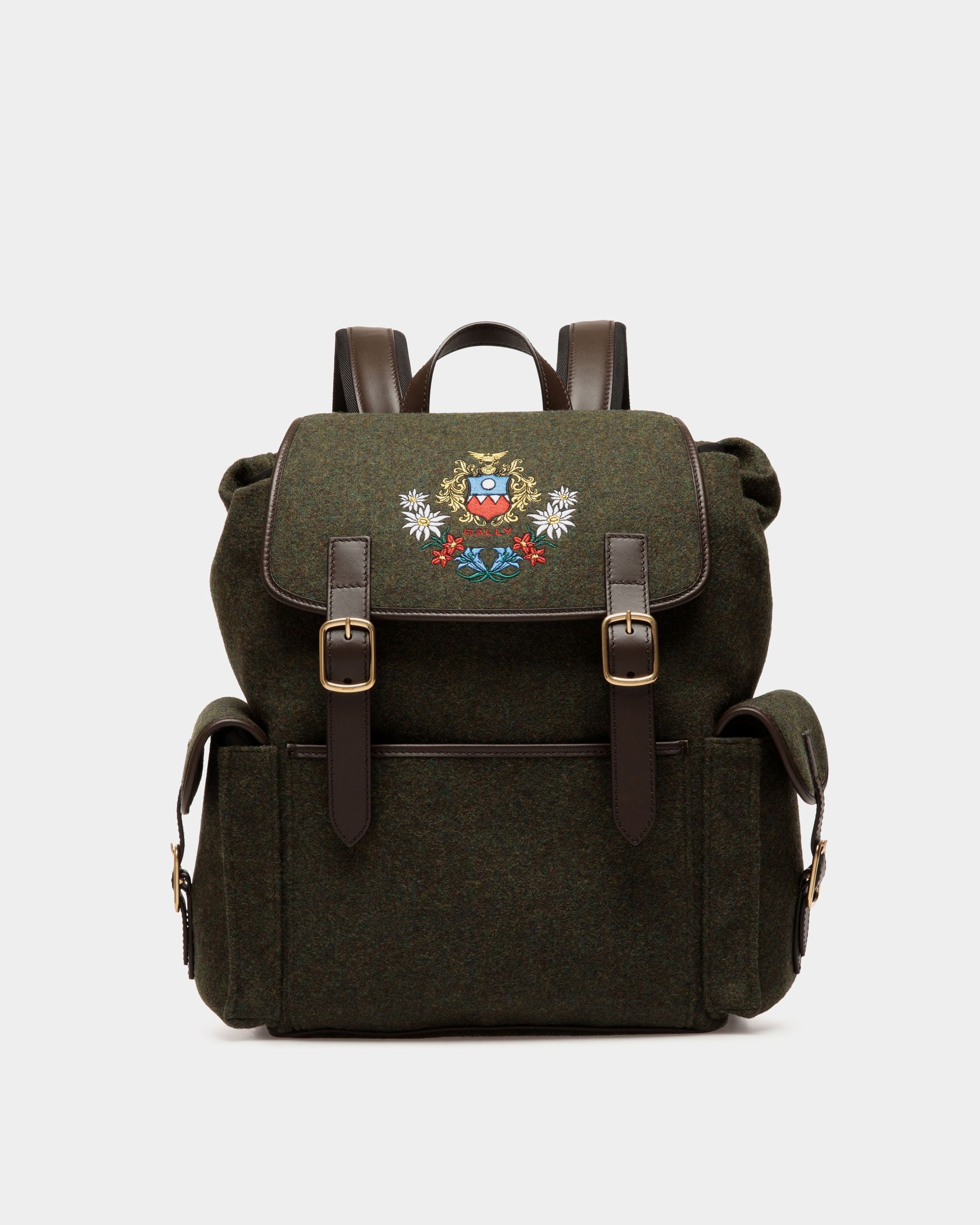 Mochila De La Cápsula Winter De Lana Verde Oscuro Y Piel Ébano Con Alpine Flower - Hombre - Bally - 01