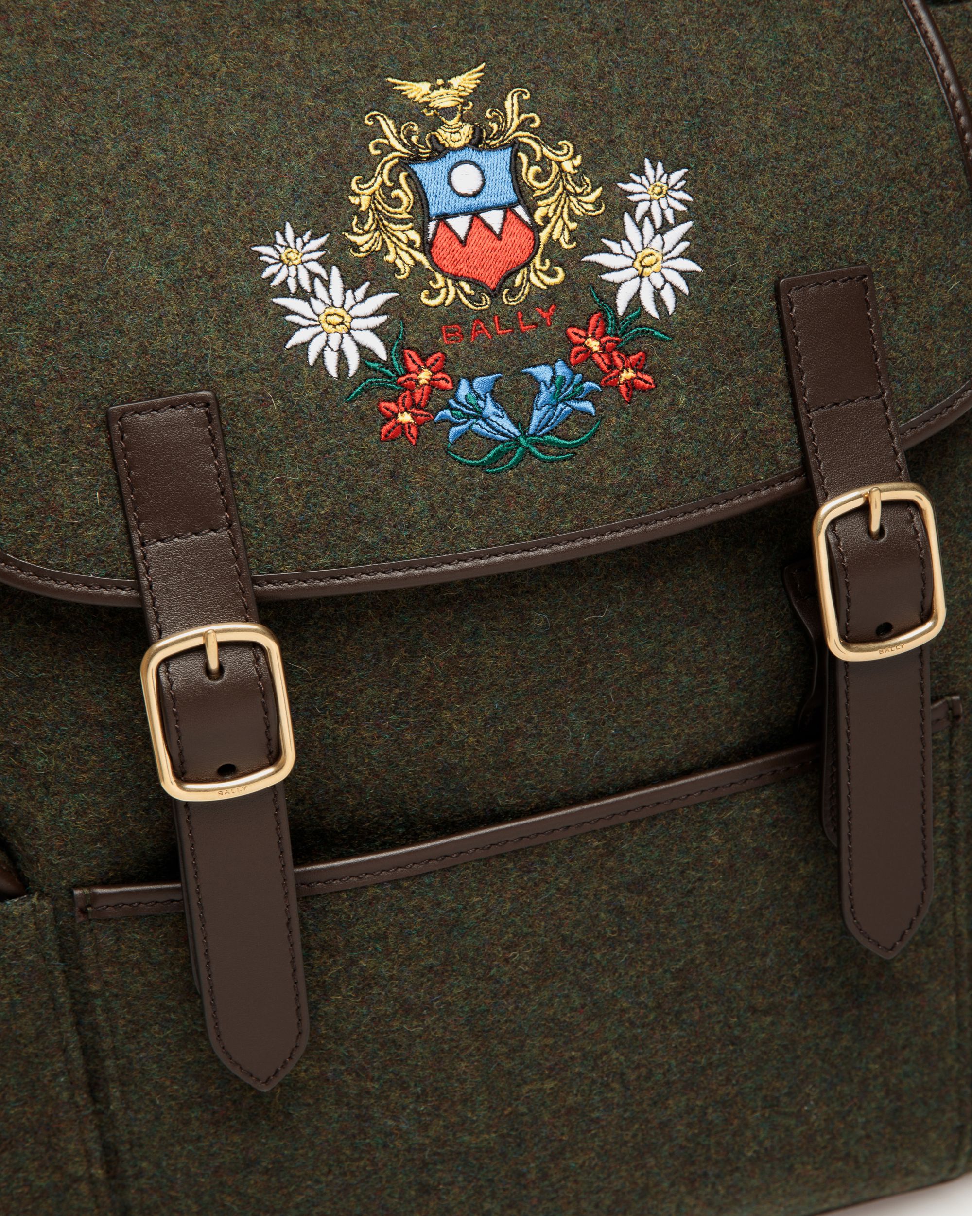 Mochila De La Cápsula Winter De Lana Verde Oscuro Y Piel Ébano Con Alpine Flower - Hombre - Bally - 05