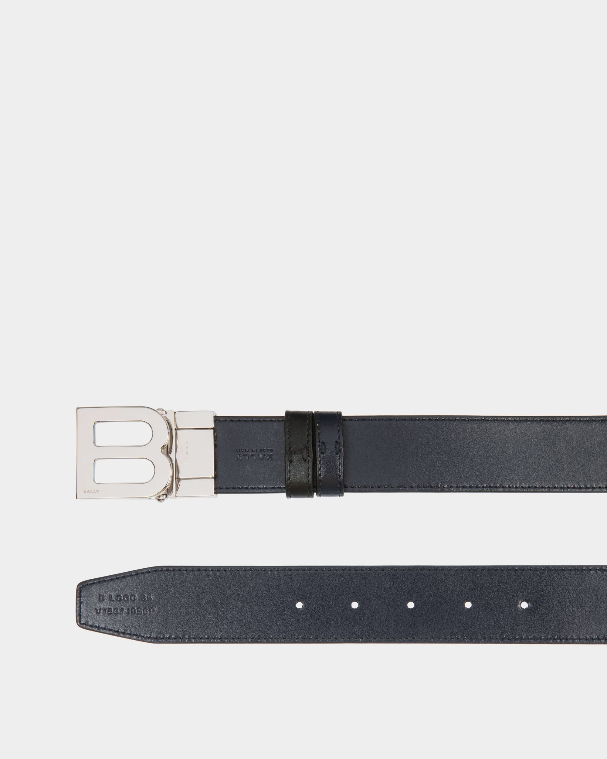 B Logo 35mm Reversible And Adjustable Belt in Black And Navy Blue Leather - Hombre - Bally - 02