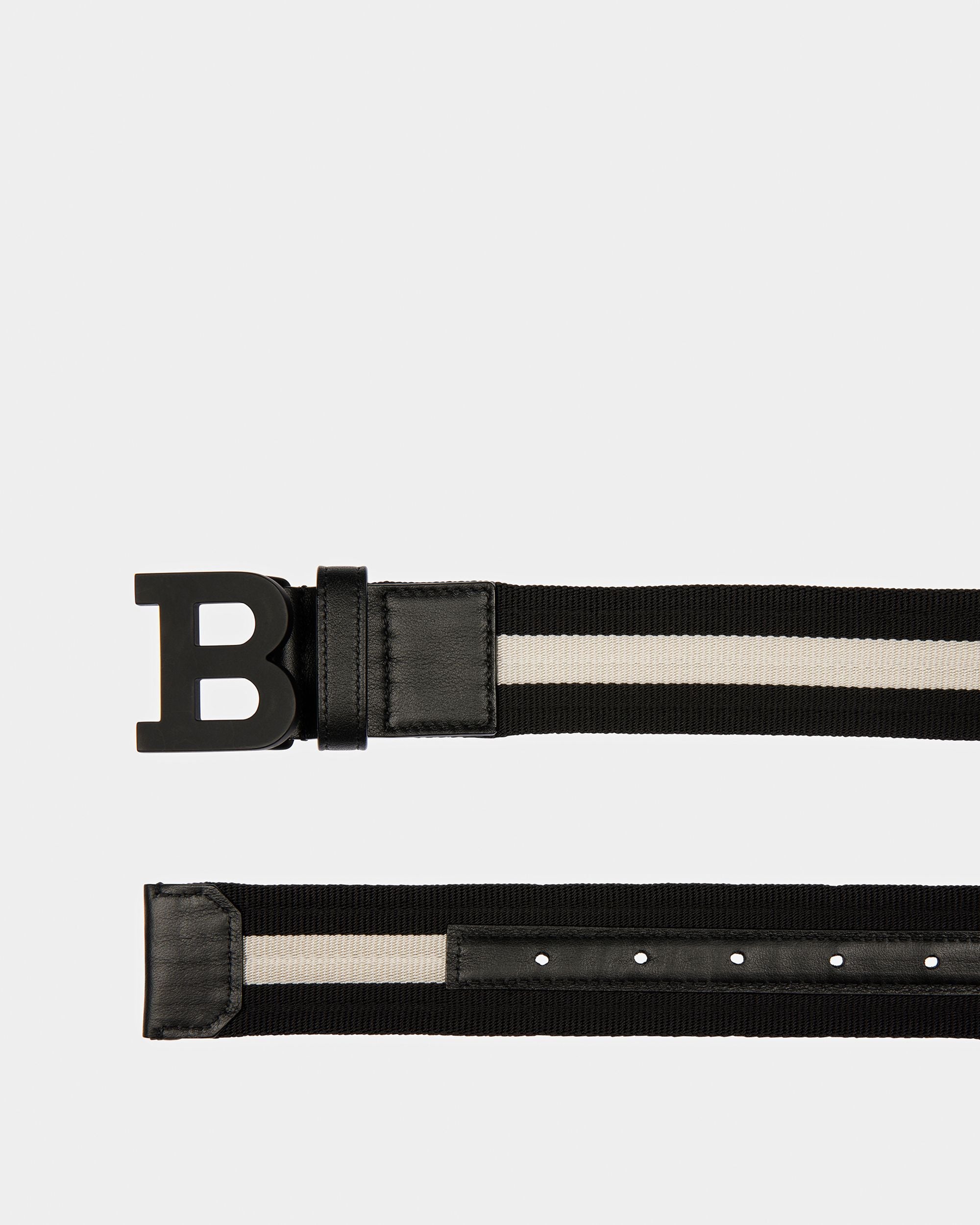B-Buckle Fabric And Leather 40Mm Belt In Black And Bone - Men's - Bally - 02