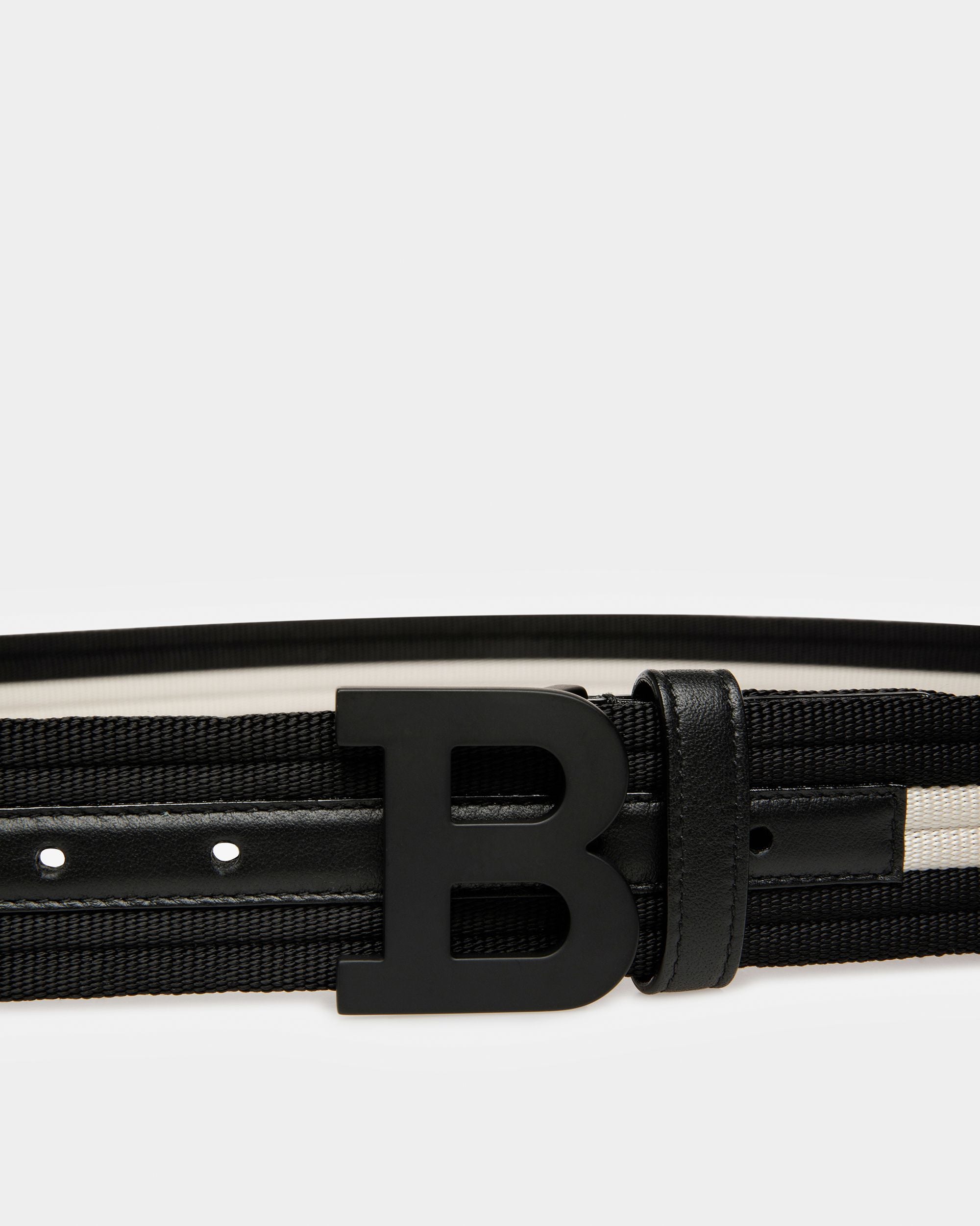 B-Buckle Fabric And Leather 40Mm Belt In Black And Bone - Men's - Bally - 03