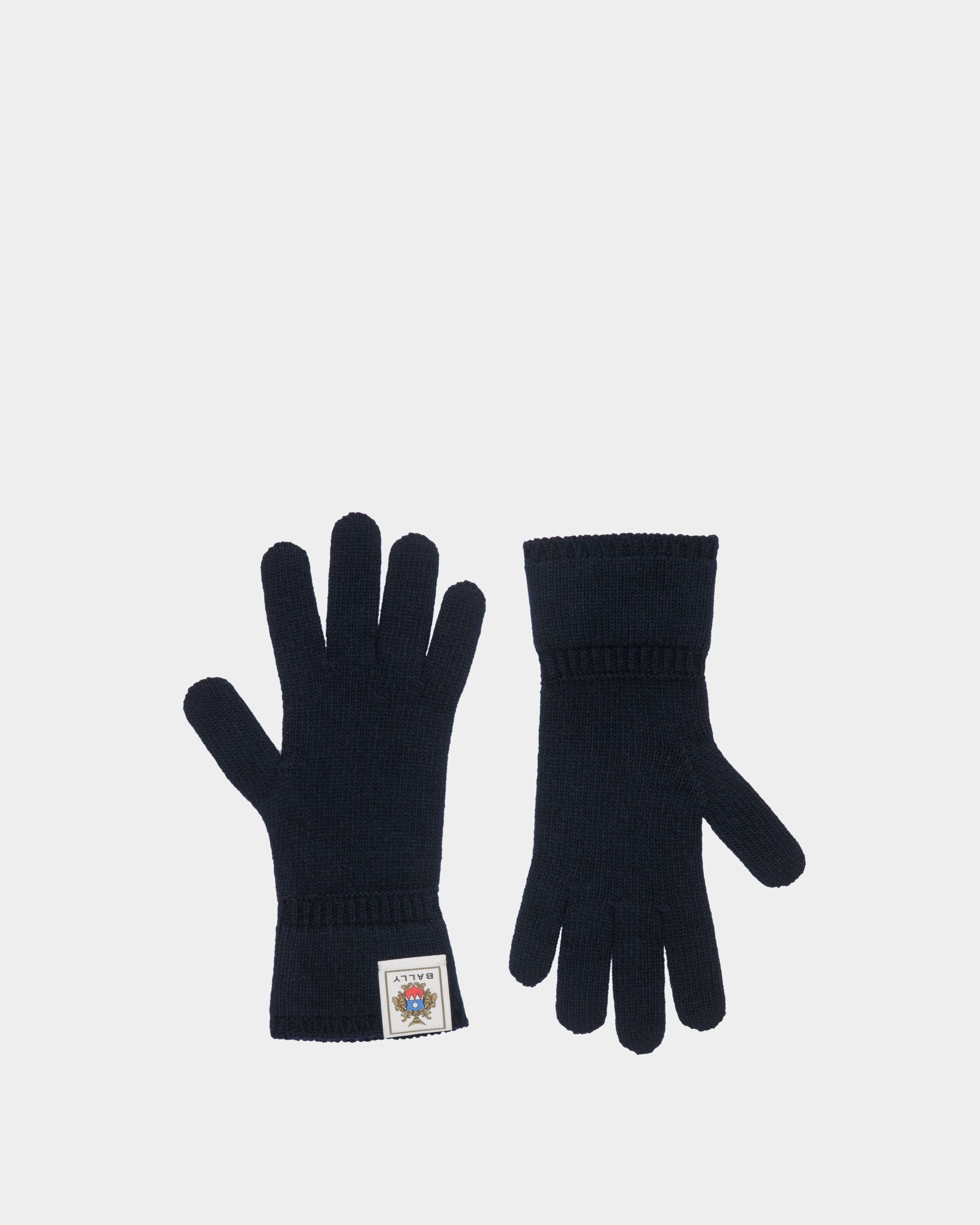 Gloves With Bally Crest Logo In Navy Blue Wool - Men's - Bally - 01