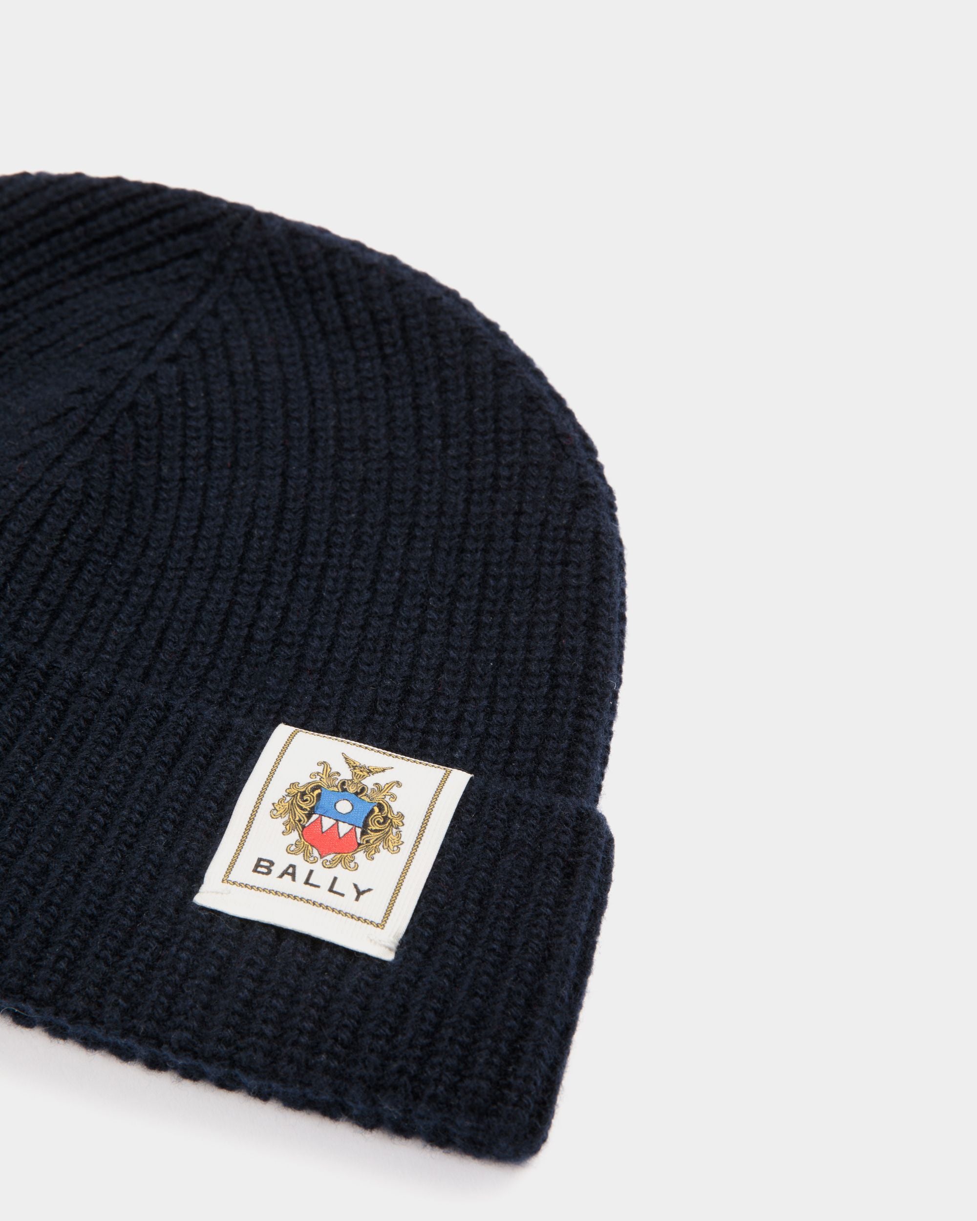Beanie With Bally Crest Logo In Navy Blue Wool - Men's - Bally - 03