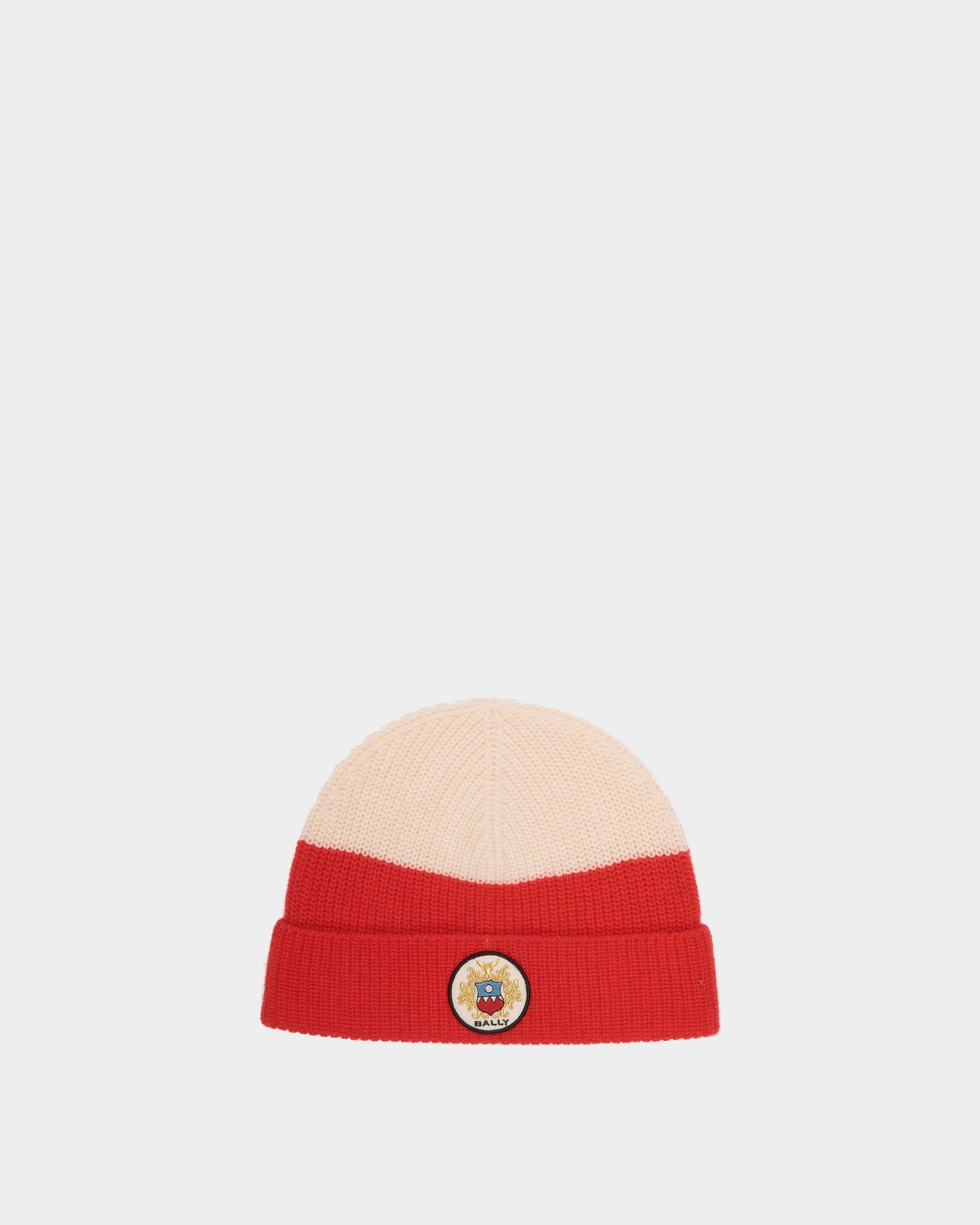 Beanie With a Bally Crest Logo in Candy Red and Ivory Wool - Men's - Bally - 01
