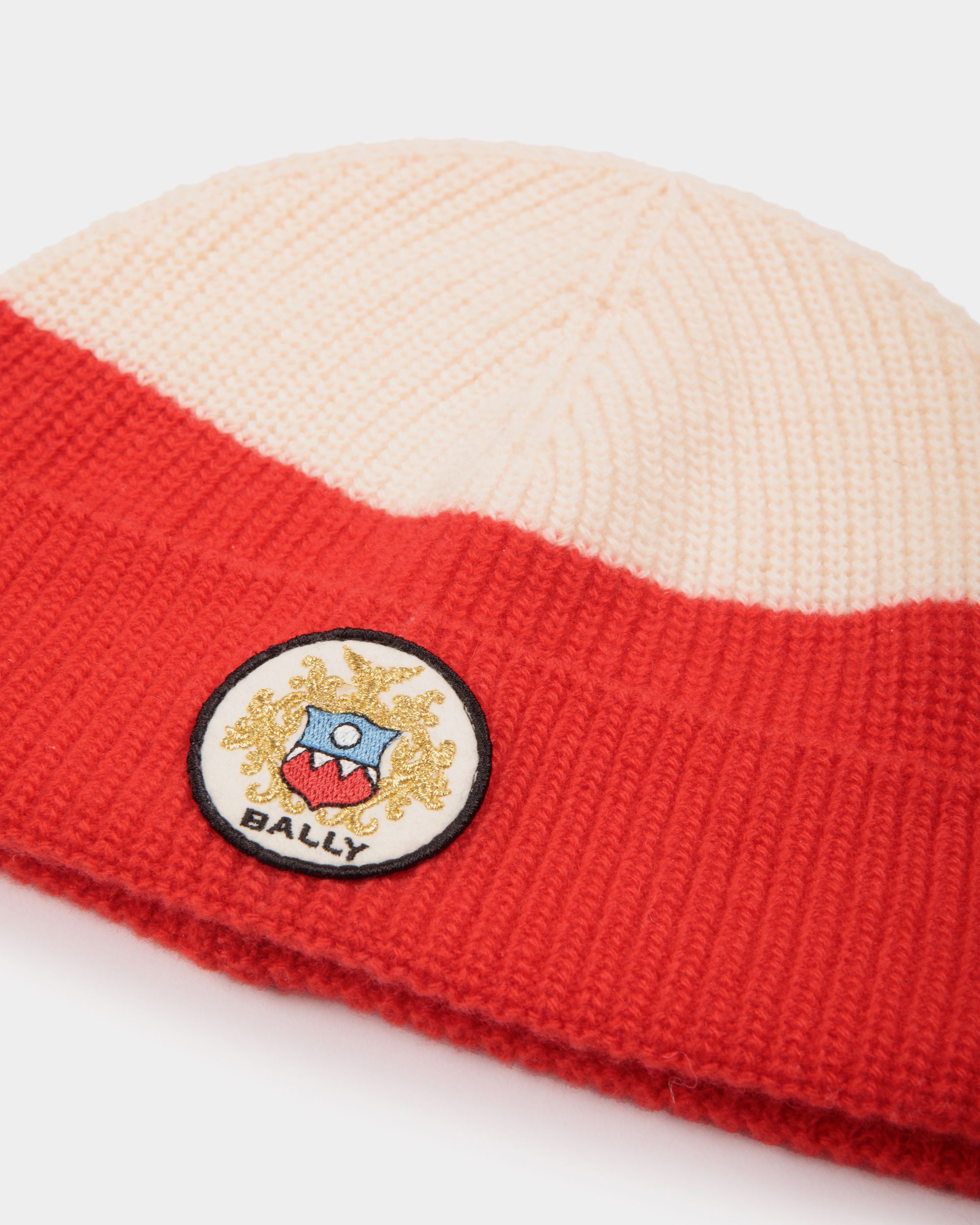 Beanie With a Bally Crest Logo in Candy Red and Ivory Wool - Men's - Bally - 03