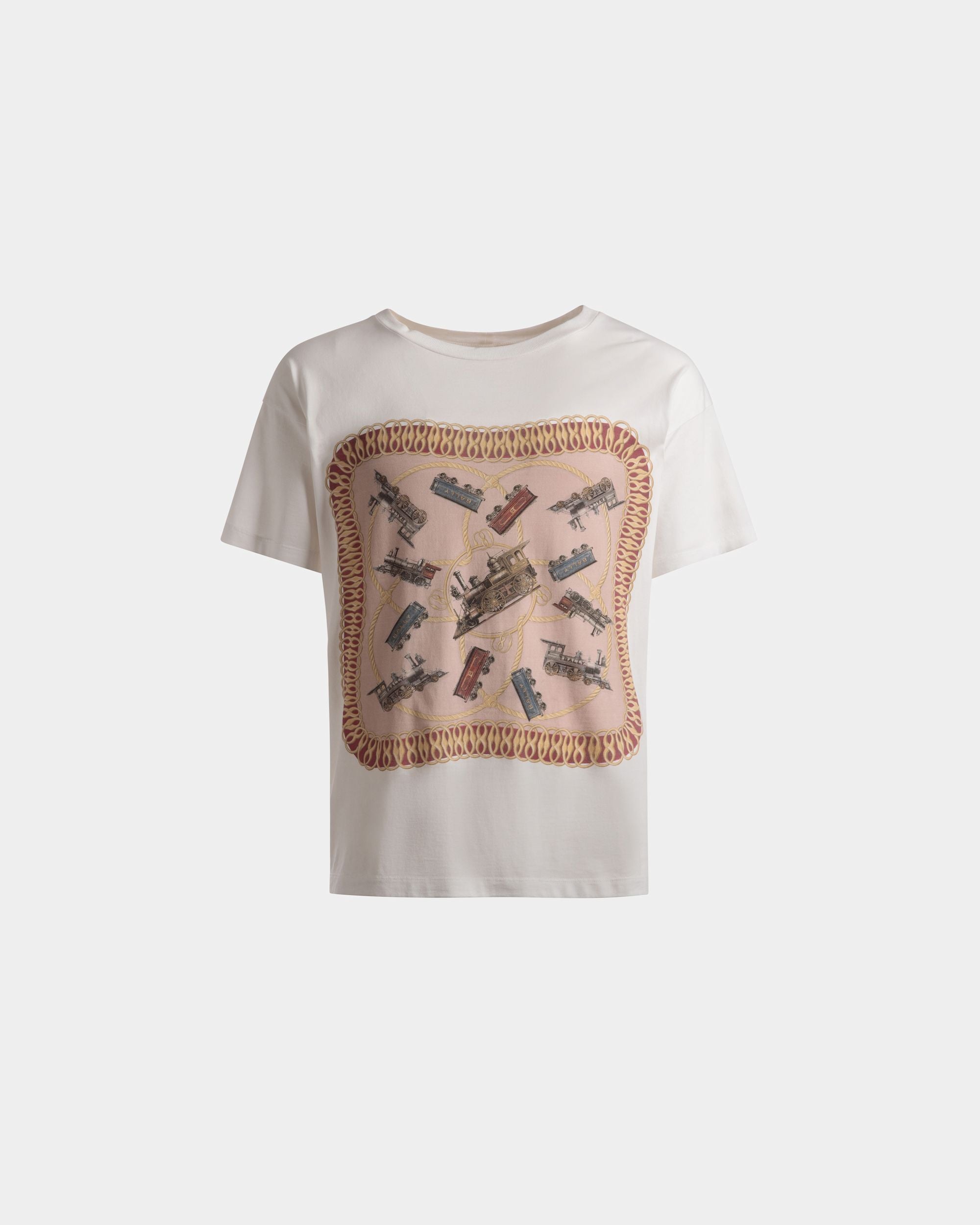 Train Print T-Shirt In White Cotton - Men's - Bally - 01