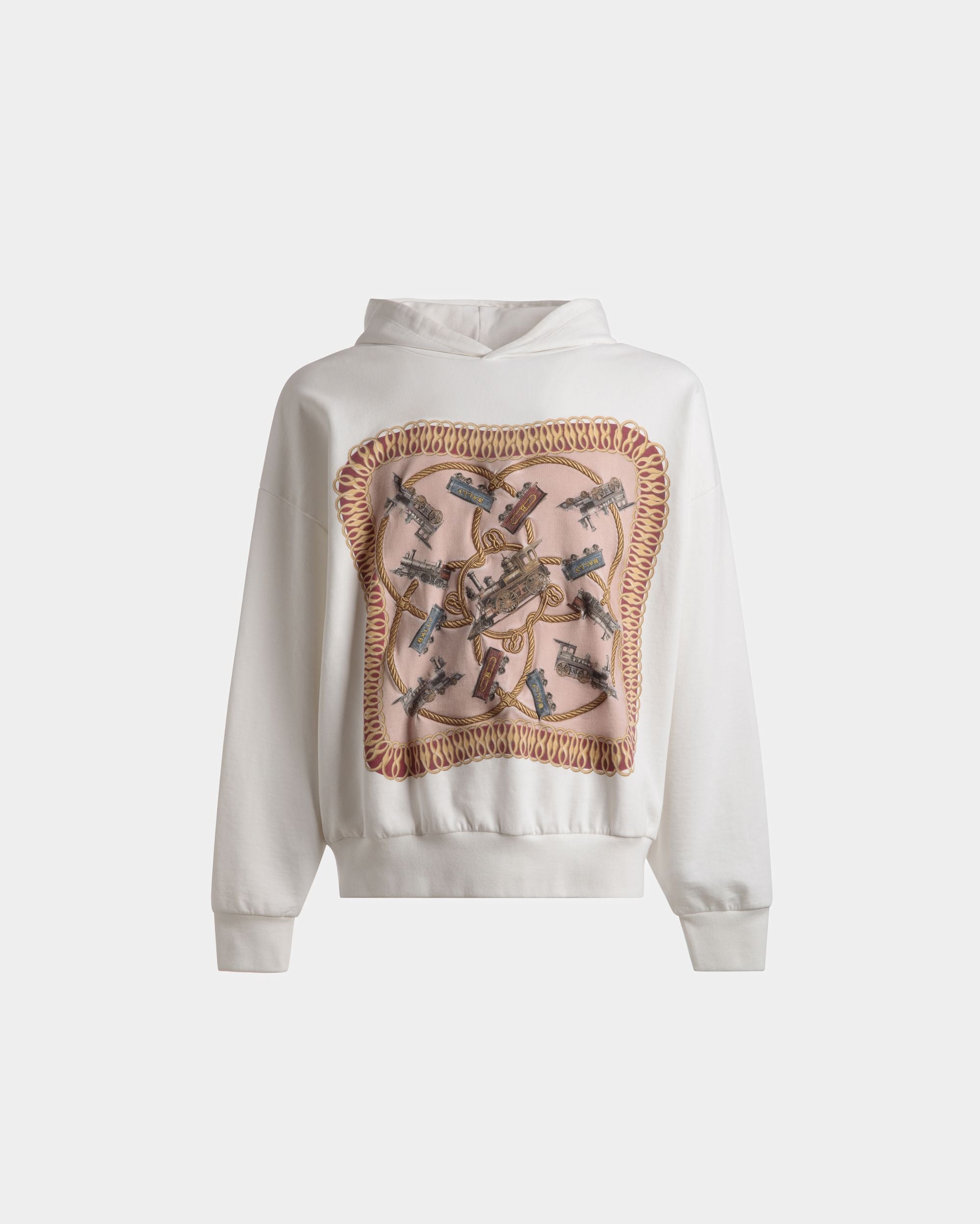 Train Print Hooded Sweatshirt In White Cotton - Men's - Bally - 01