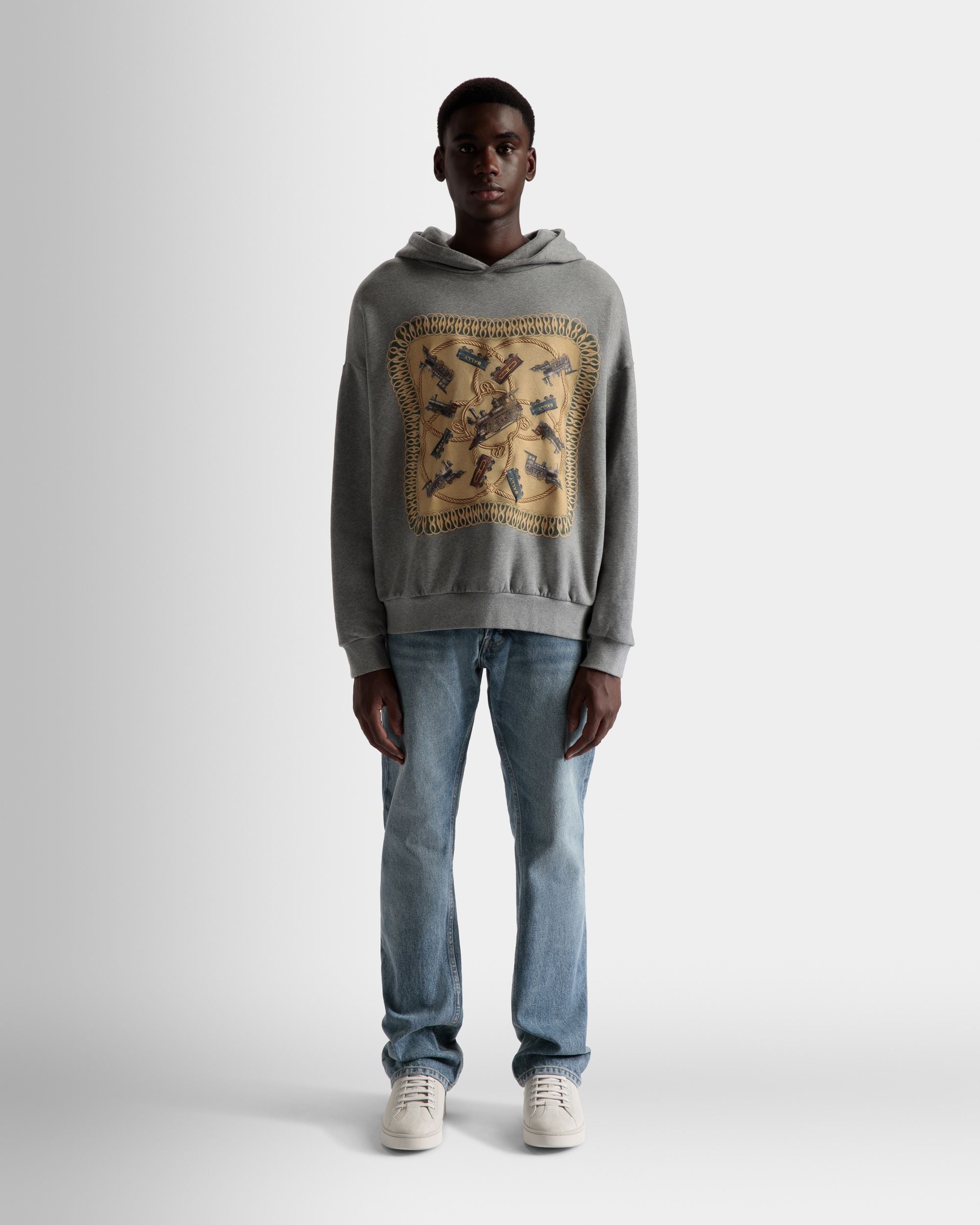Sudadera Con Capucha Y Estampado Train De Algodón En Gris Jaspeado - Hombre - Bally - 02