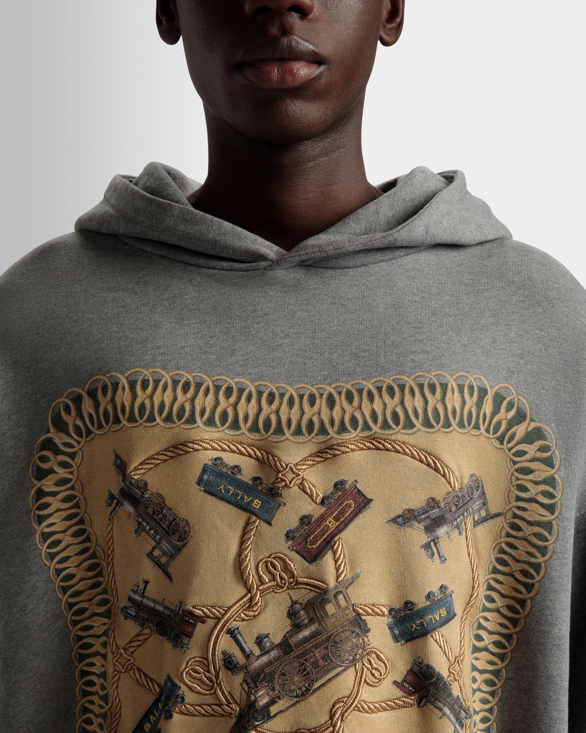Sudadera Con Capucha Y Estampado Train De Algodón En Gris Jaspeado - Hombre - Bally - 04
